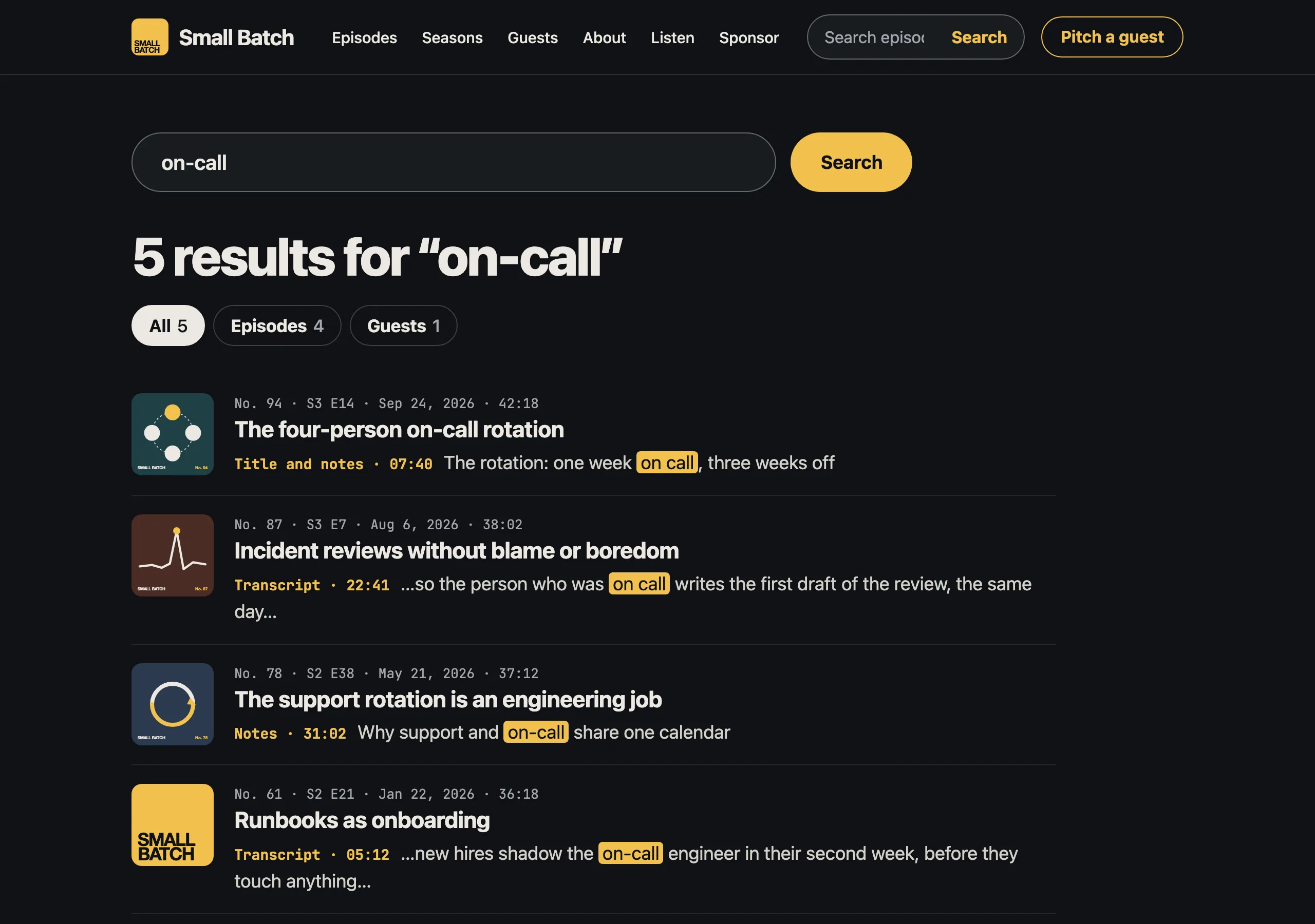 The Search results page of Small Batch