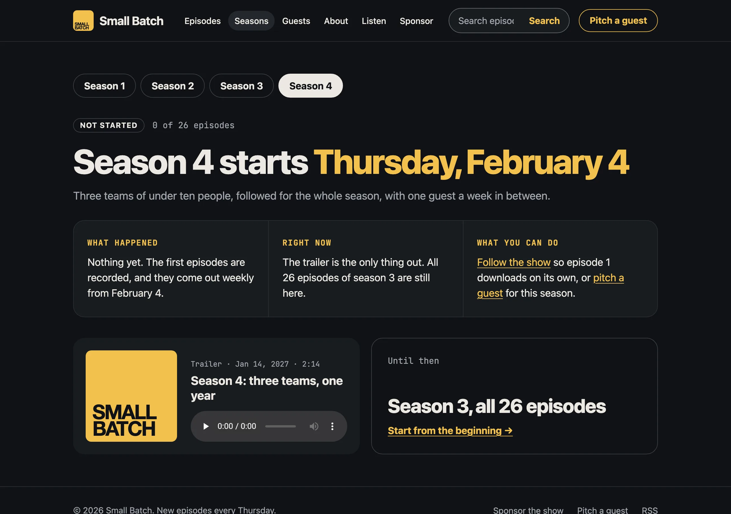 The Season, not started page of Small Batch