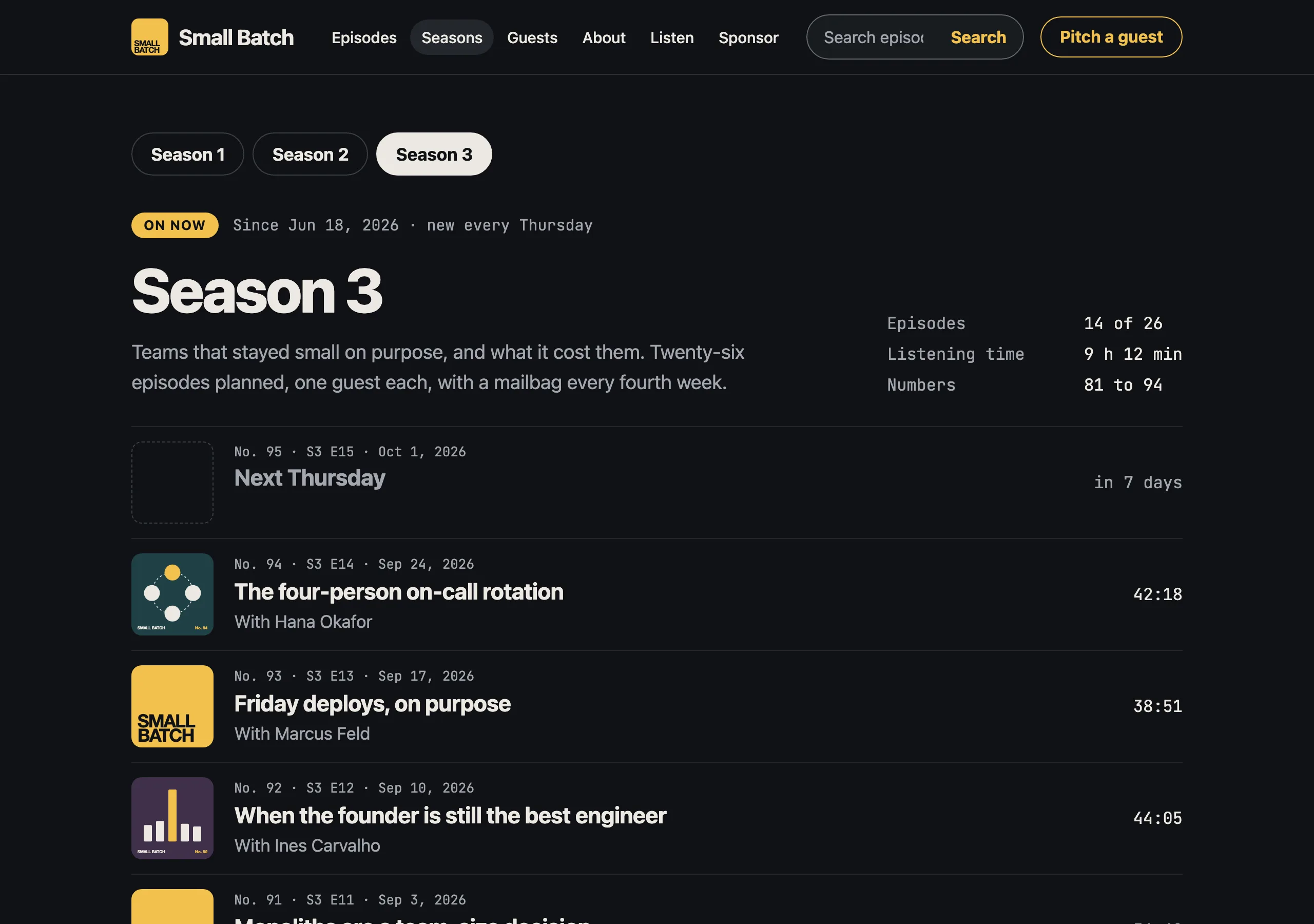 The Season page of Small Batch