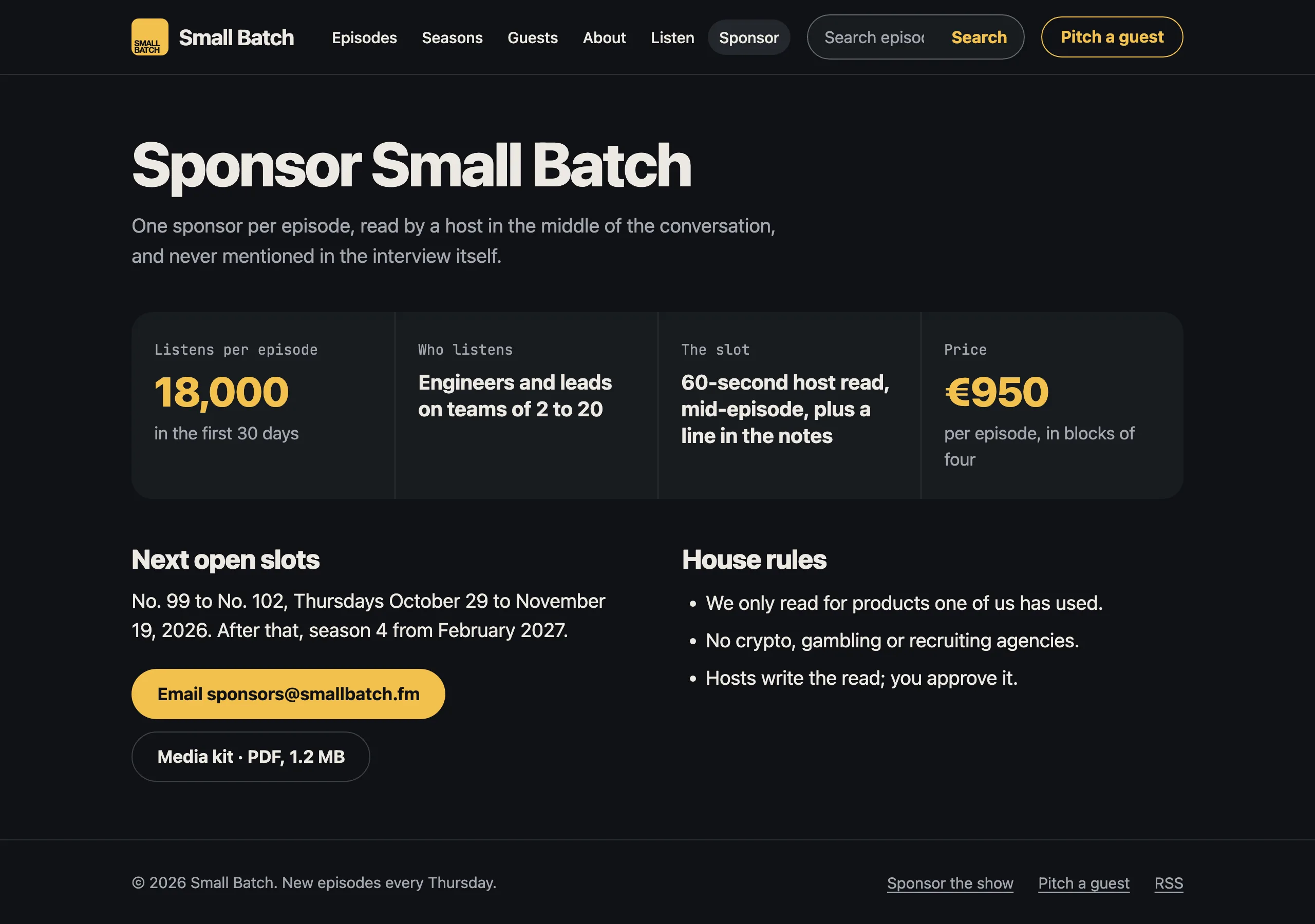 The Sponsor the show page of Small Batch