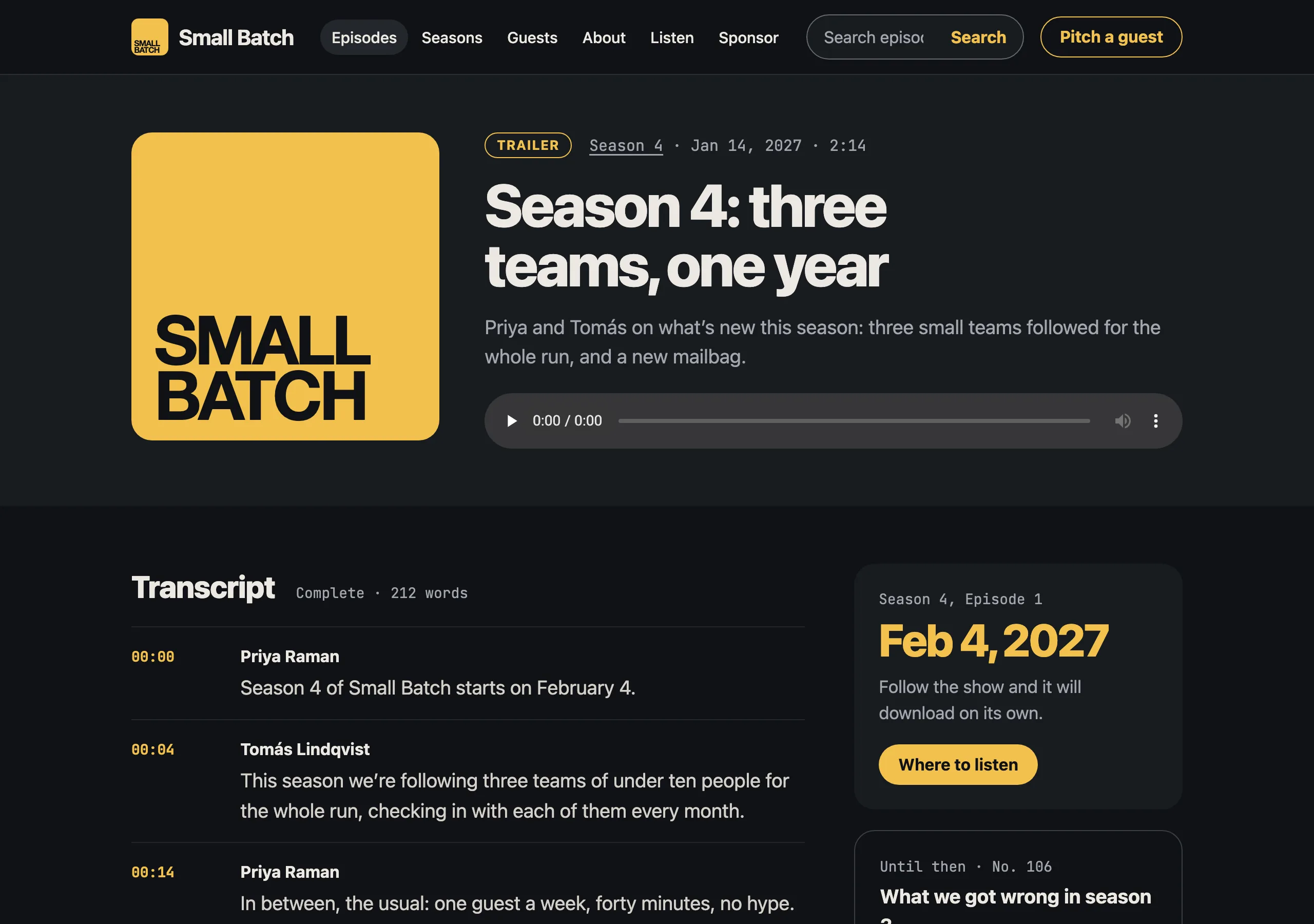 The Trailer page of Small Batch
