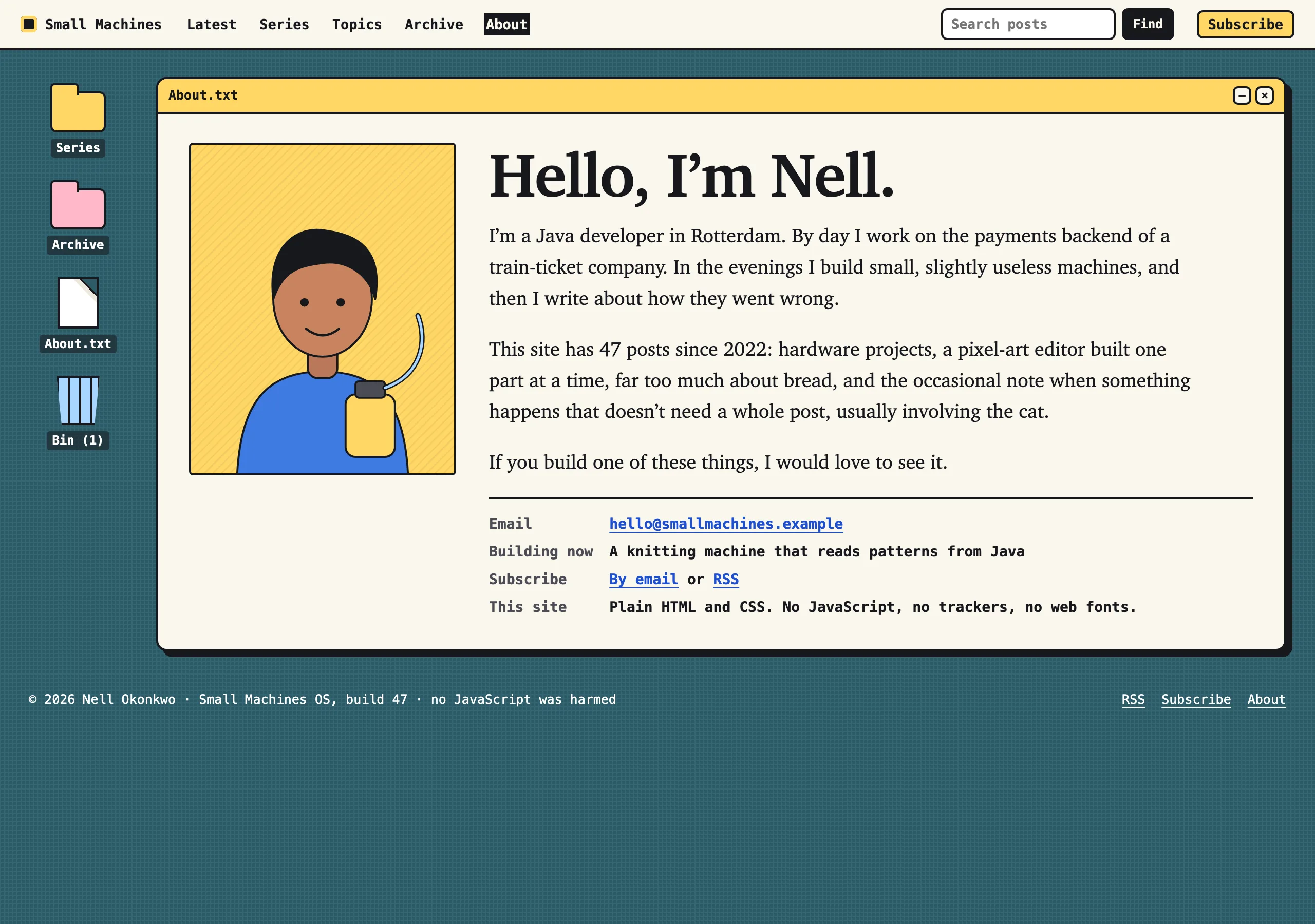 The About the writer page of Small Machines
