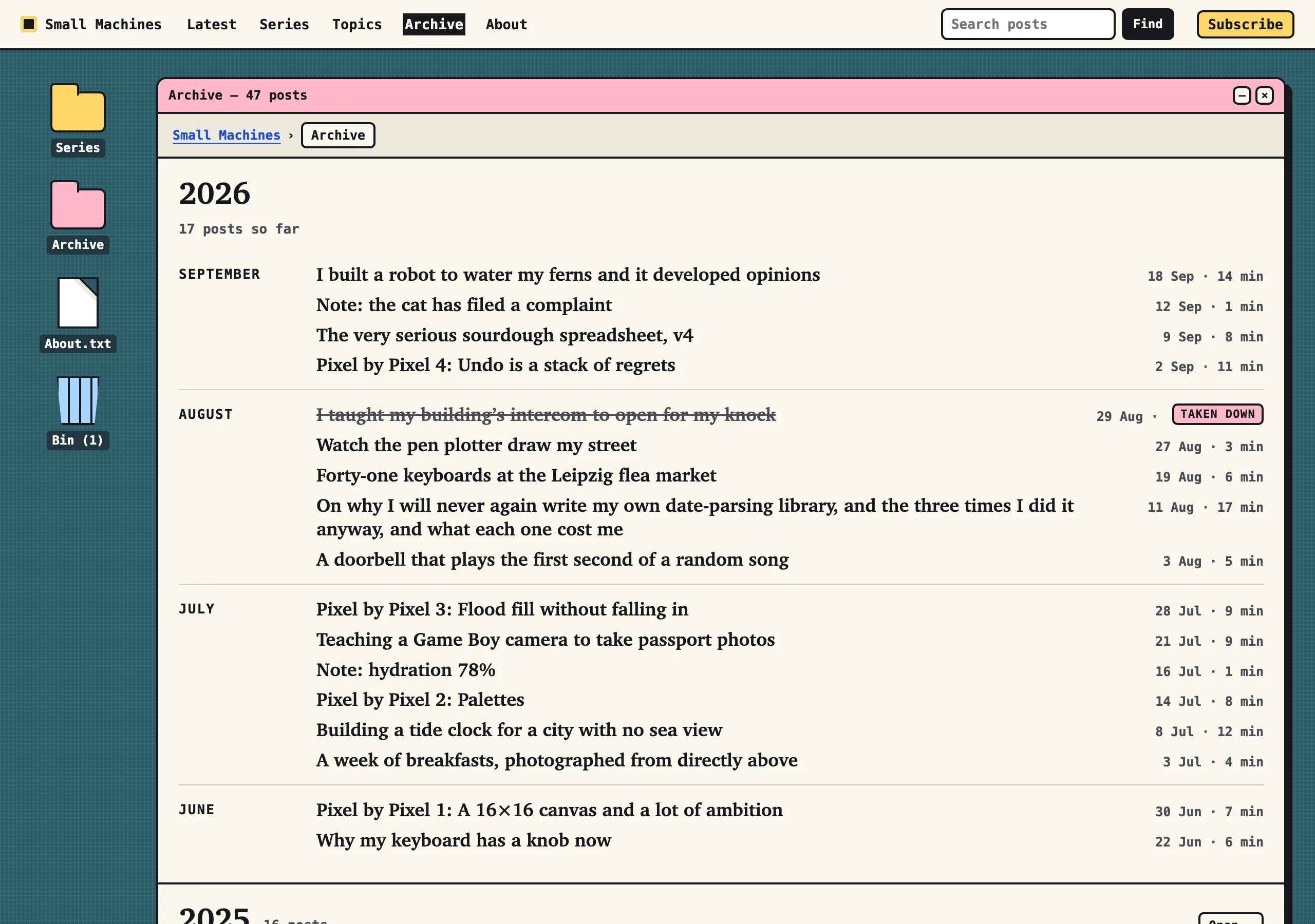 The Archive page of Small Machines