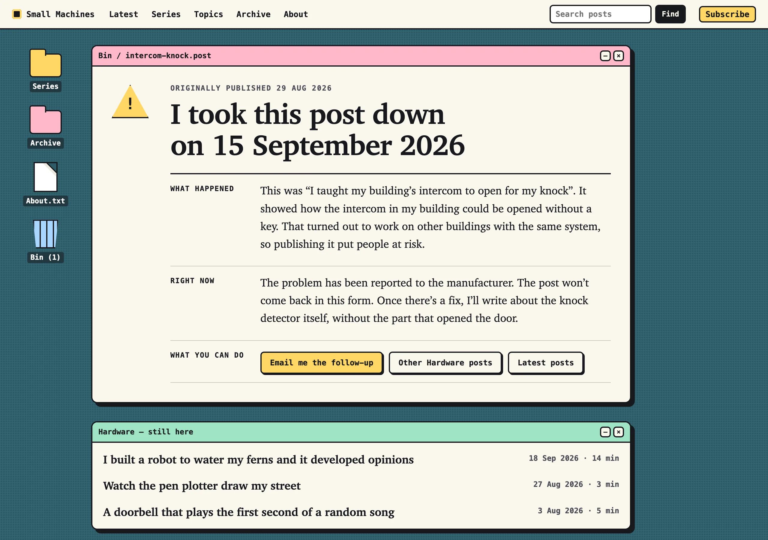 The Post taken down page of Small Machines