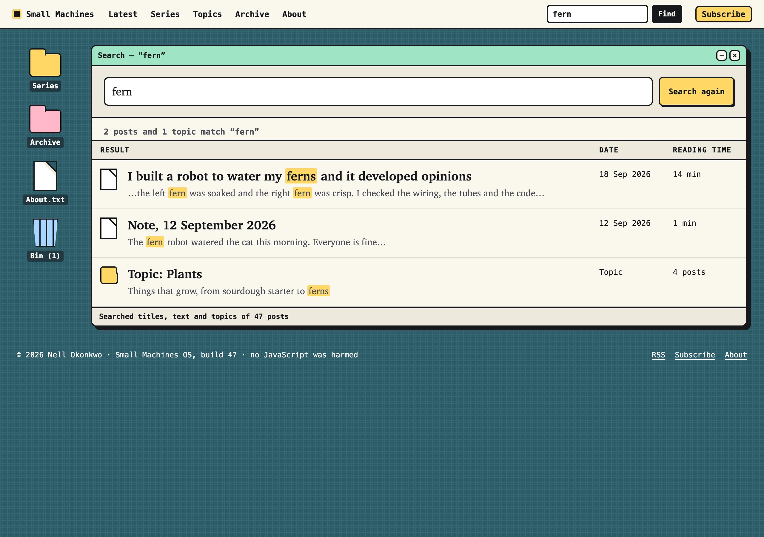 The Search results page of Small Machines