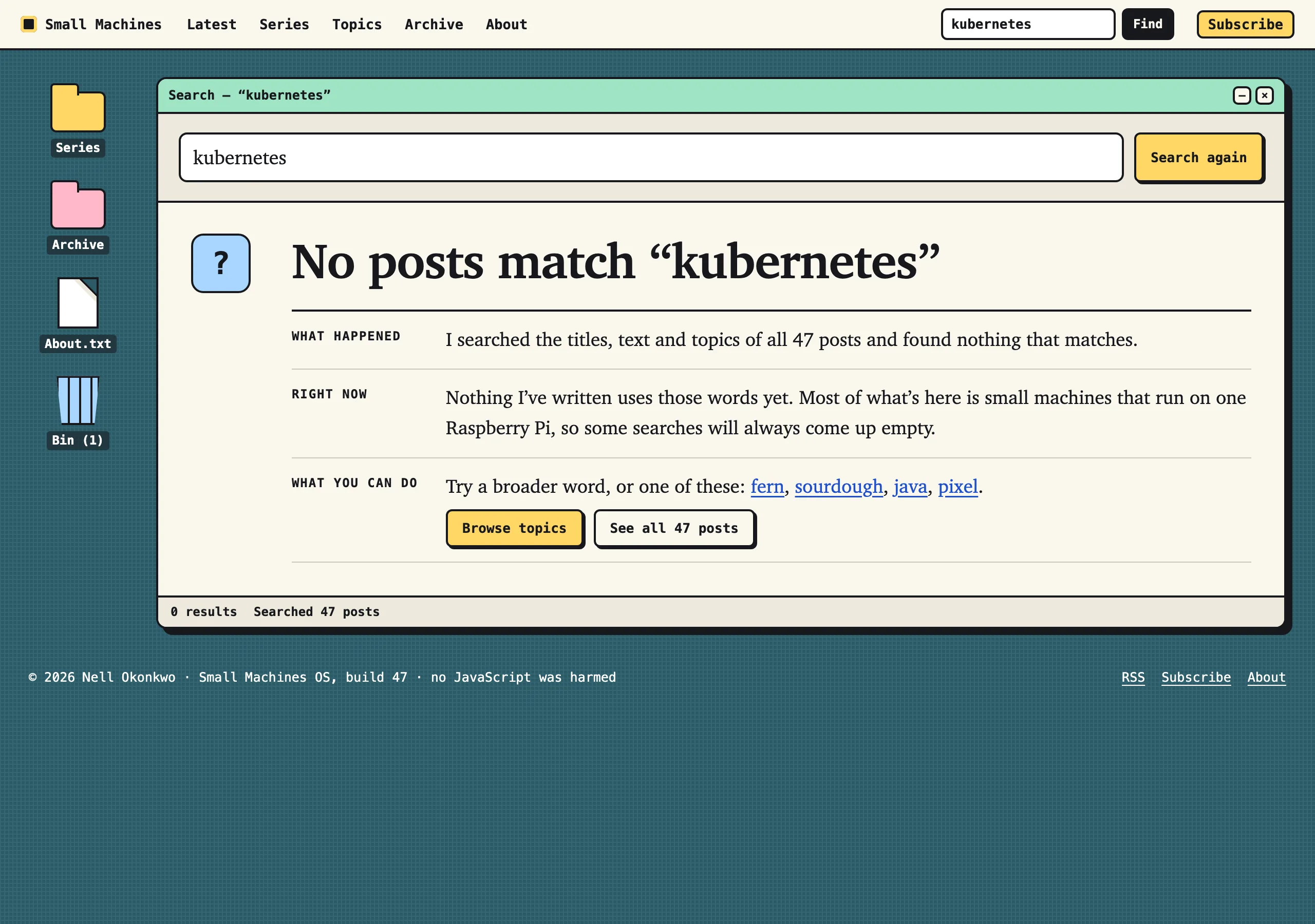 The No results page of Small Machines
