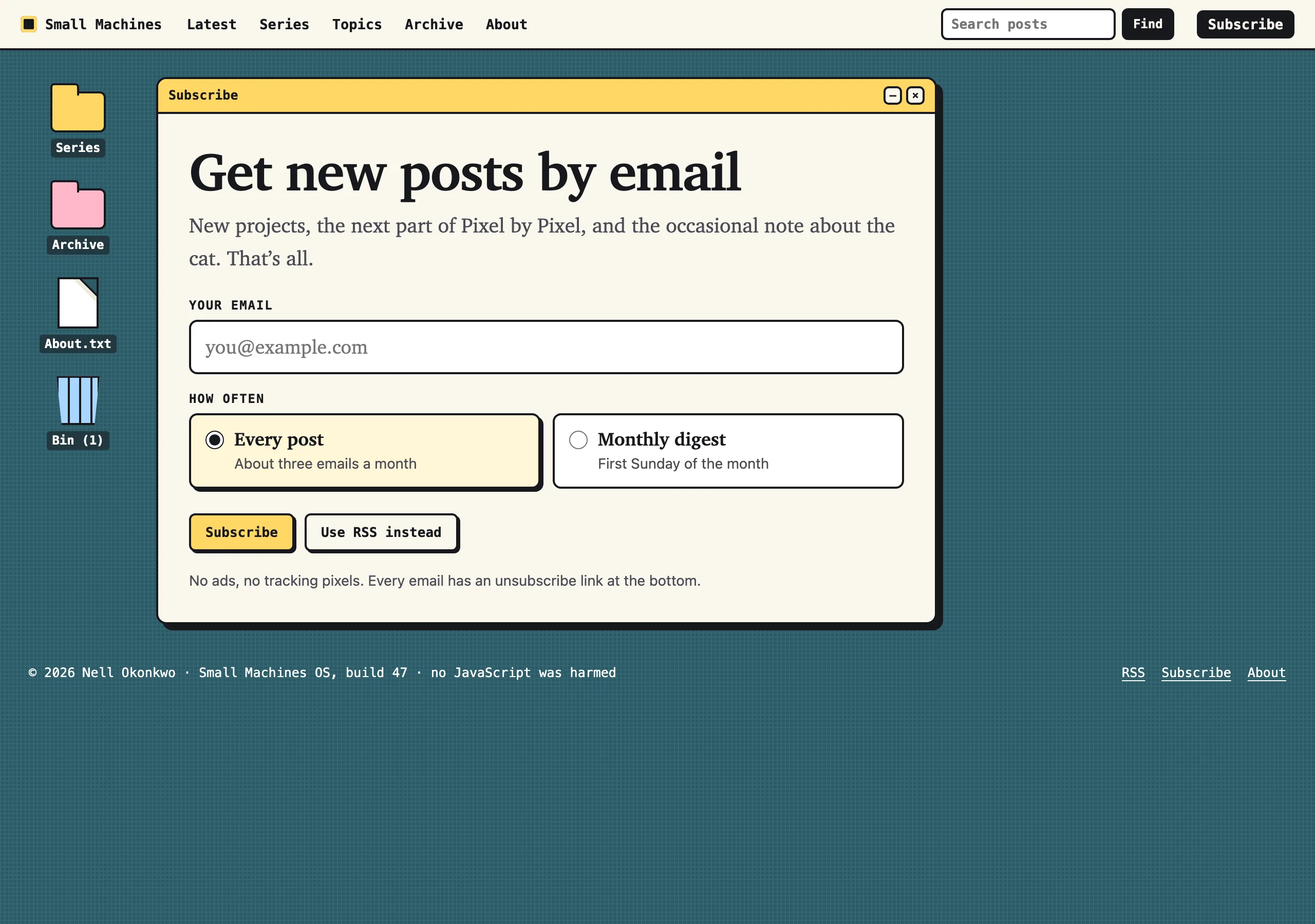 The Subscribe page of Small Machines