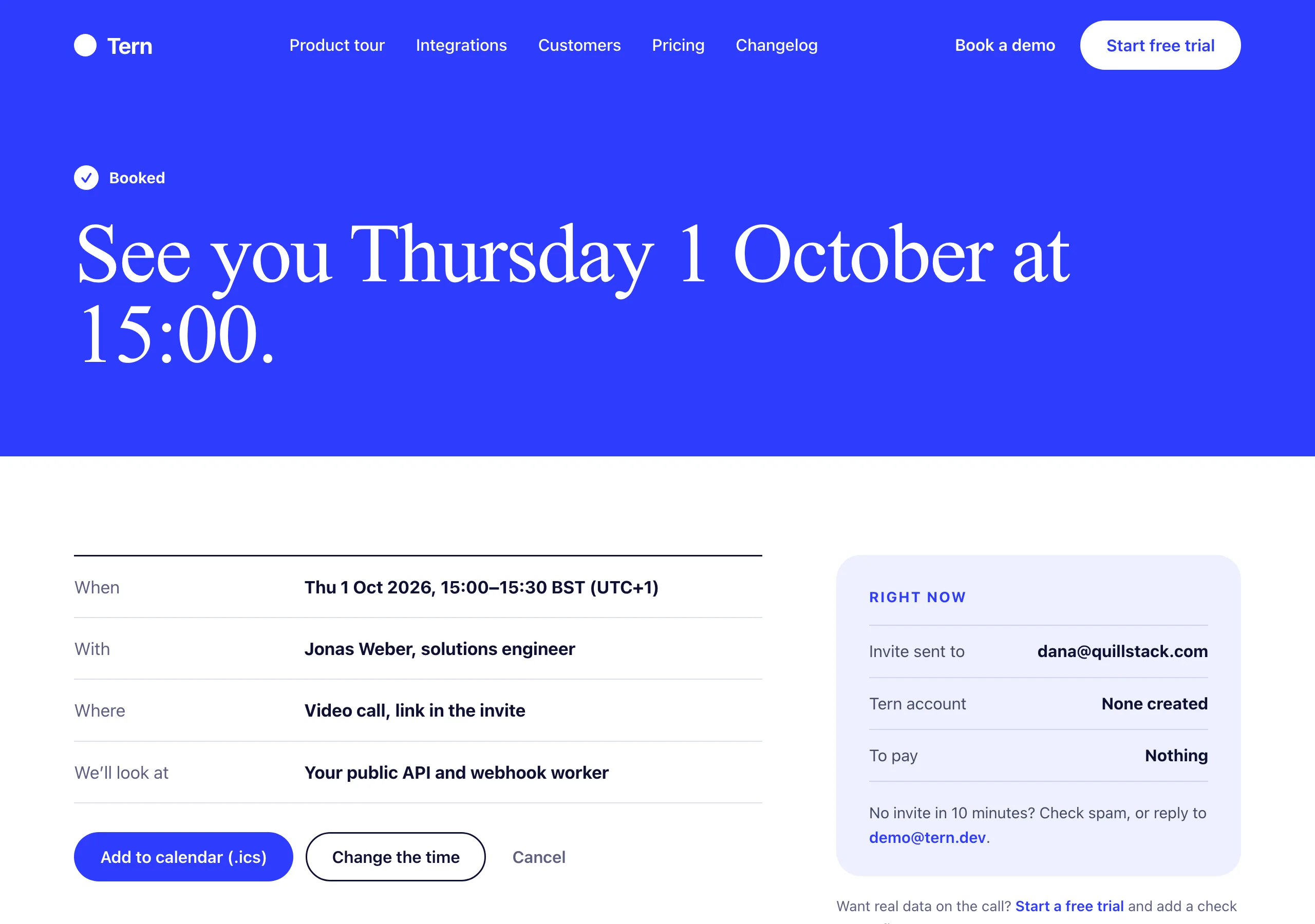 The Demo booked page of Tern