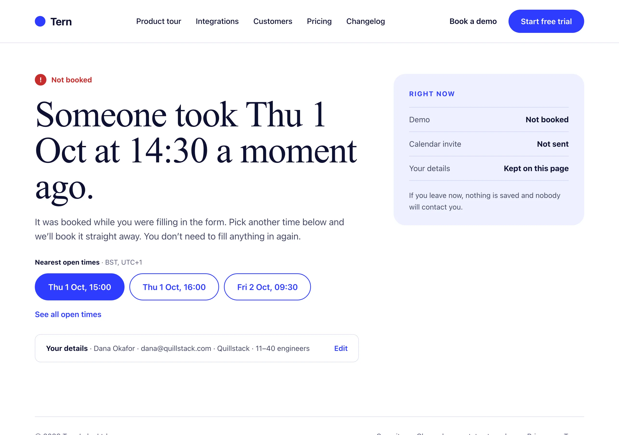 The Demo time taken page of Tern