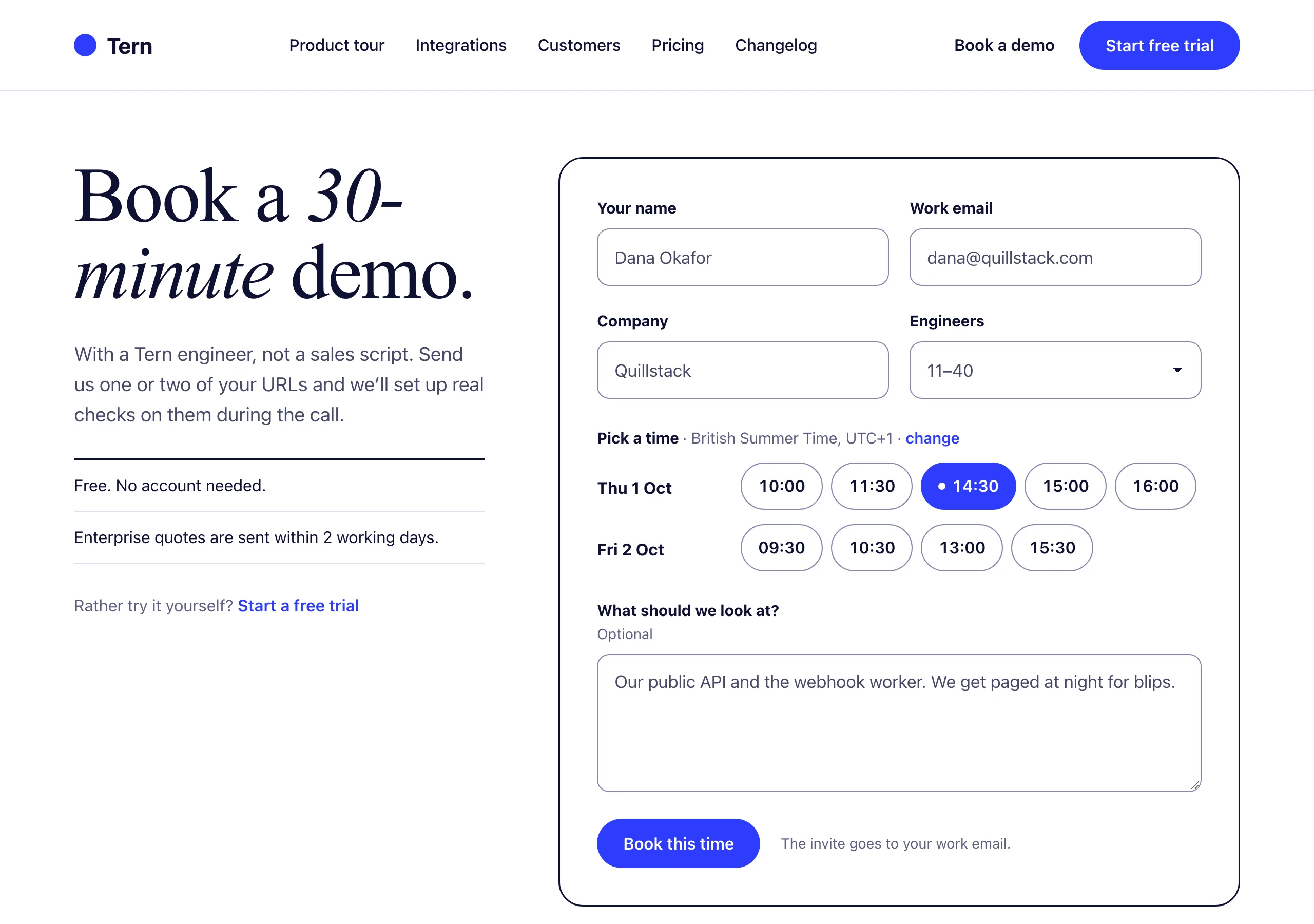 The Book a demo page of Tern