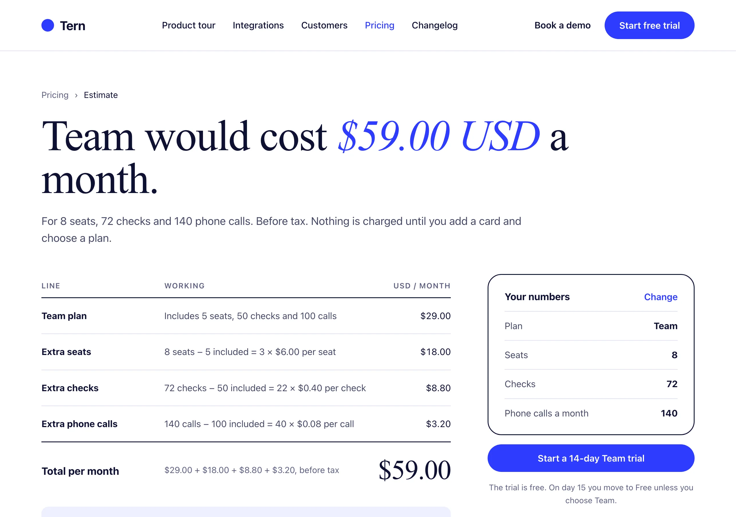 The Pricing estimate page of Tern