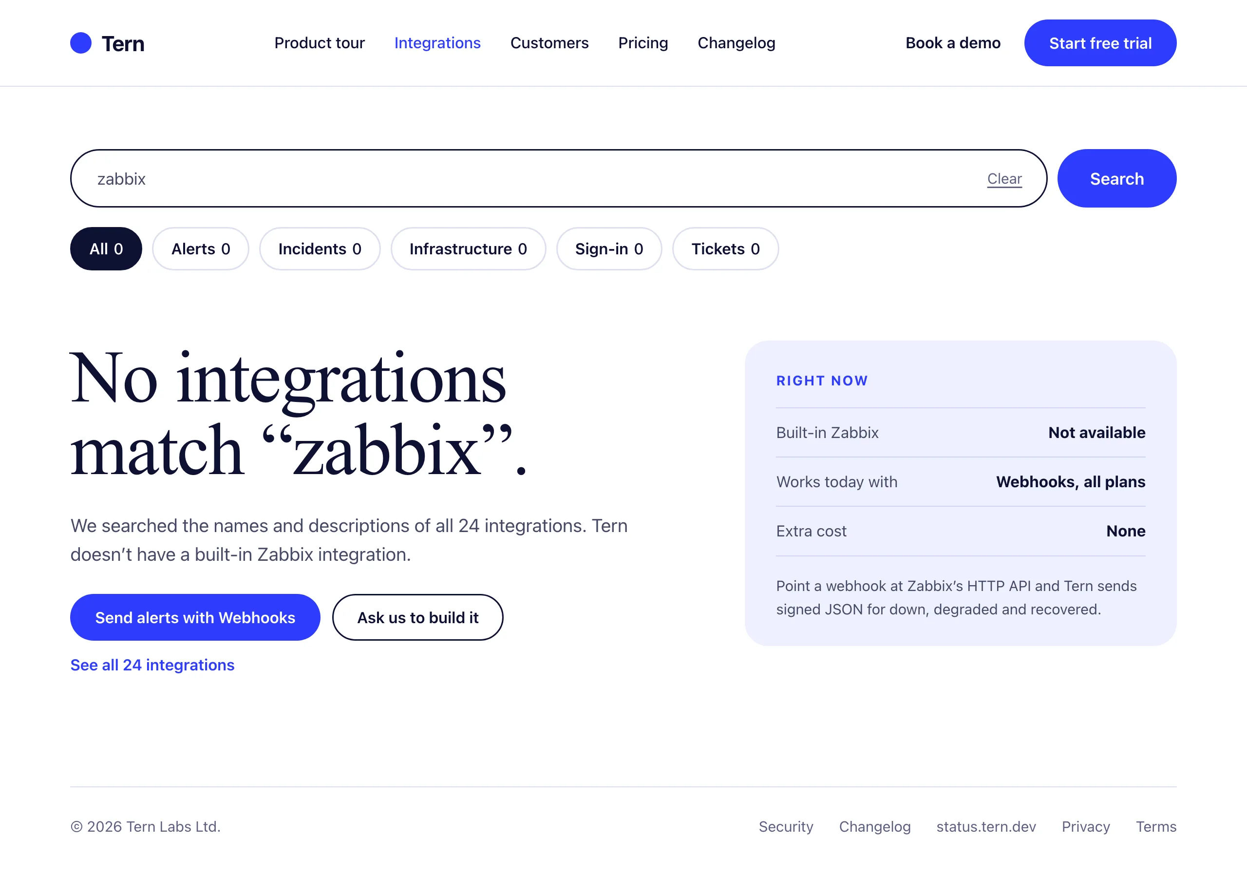 The Integrations, no matches page of Tern