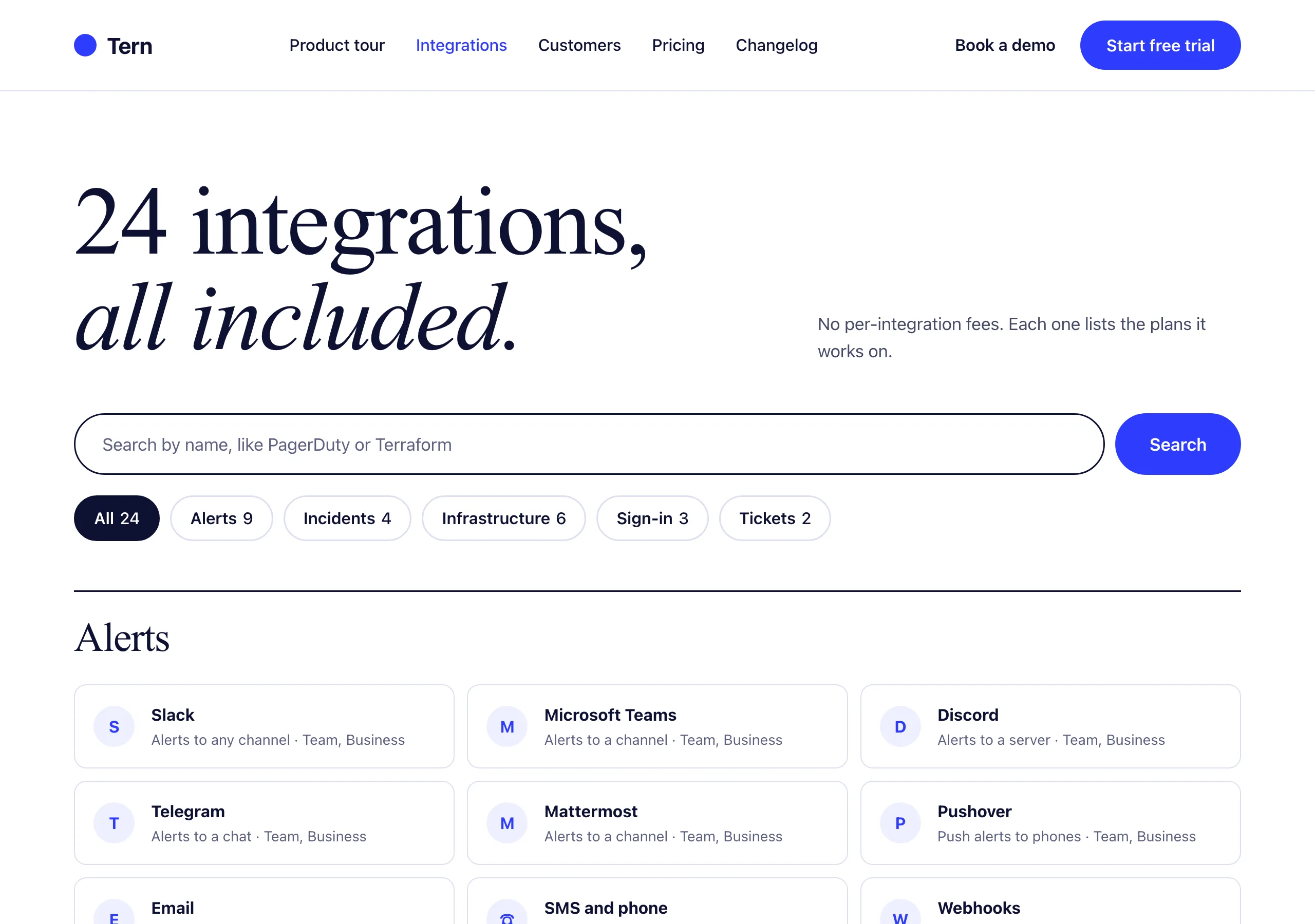 The Integrations page of Tern
