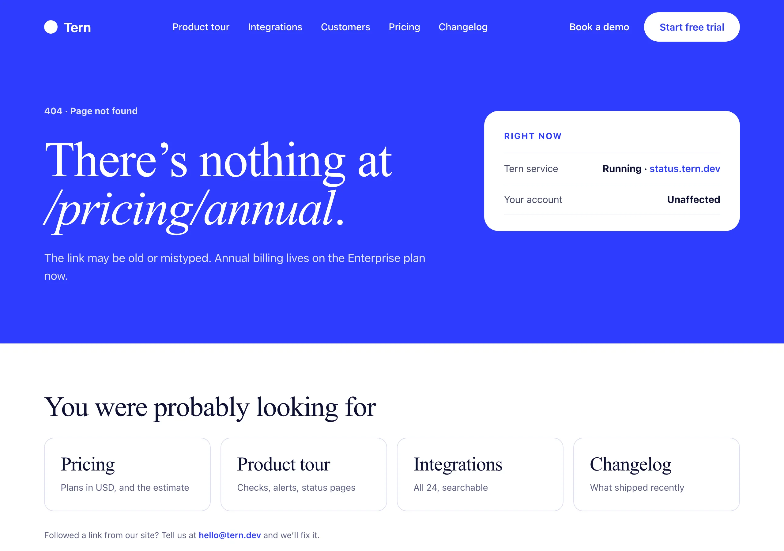 The Page not found page of Tern