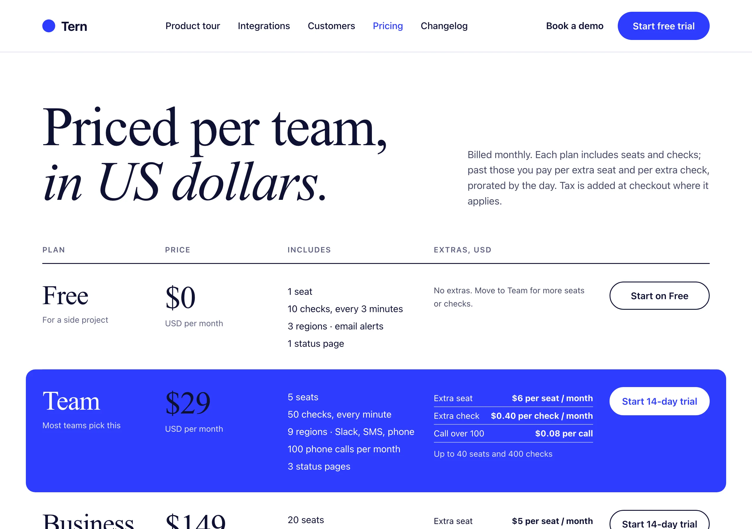 The Pricing page of Tern