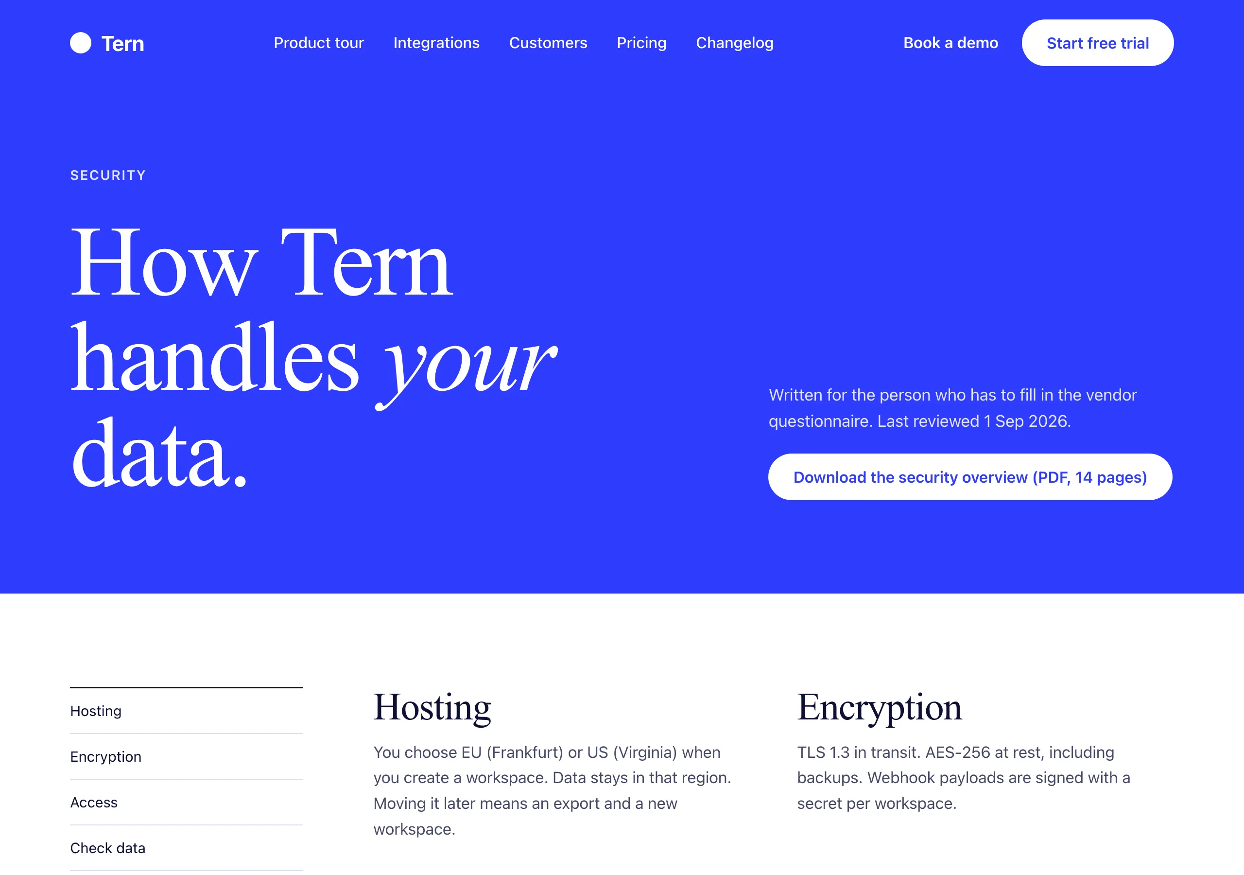 The Security page of Tern