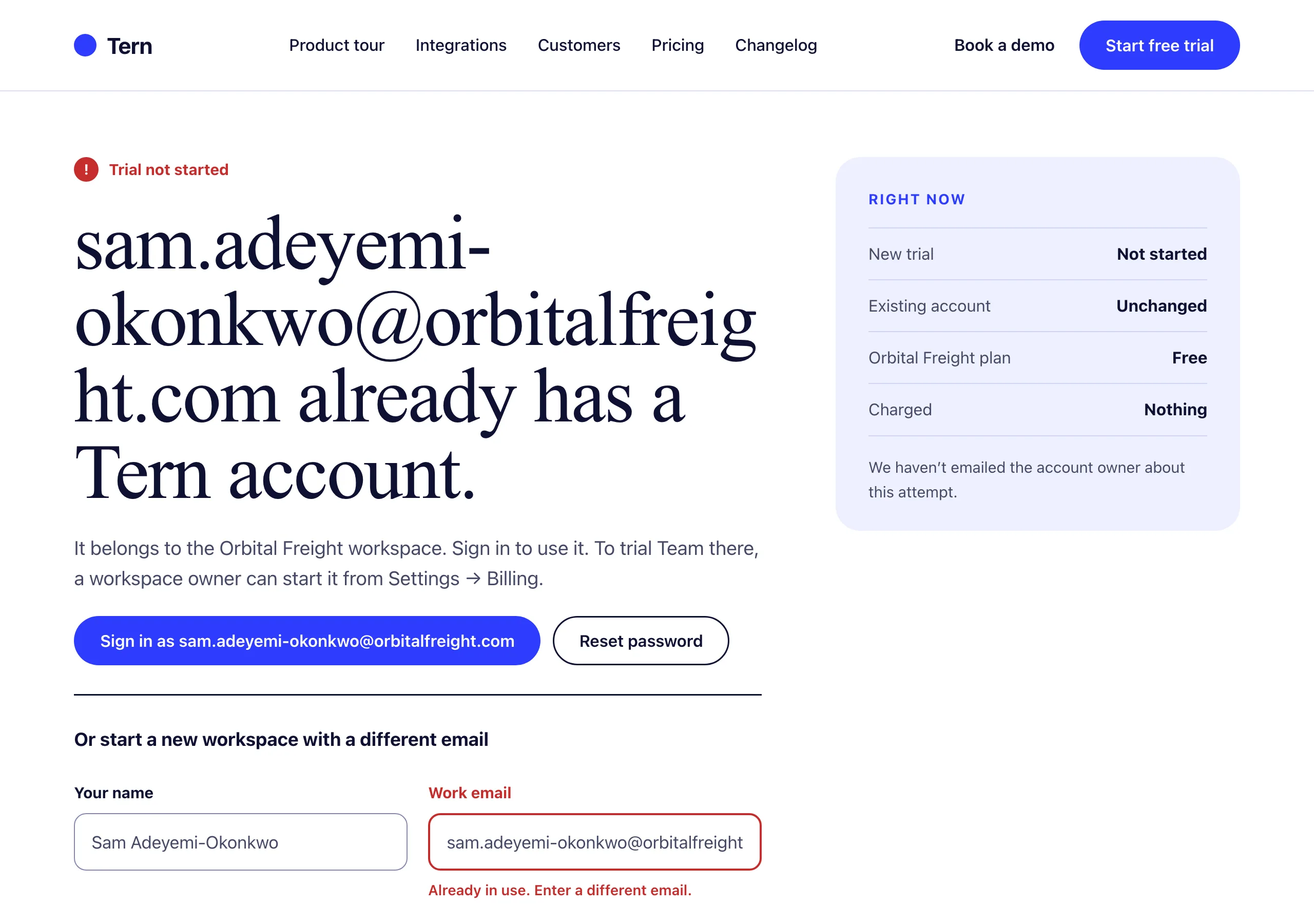 The Trial, email already has an account page of Tern