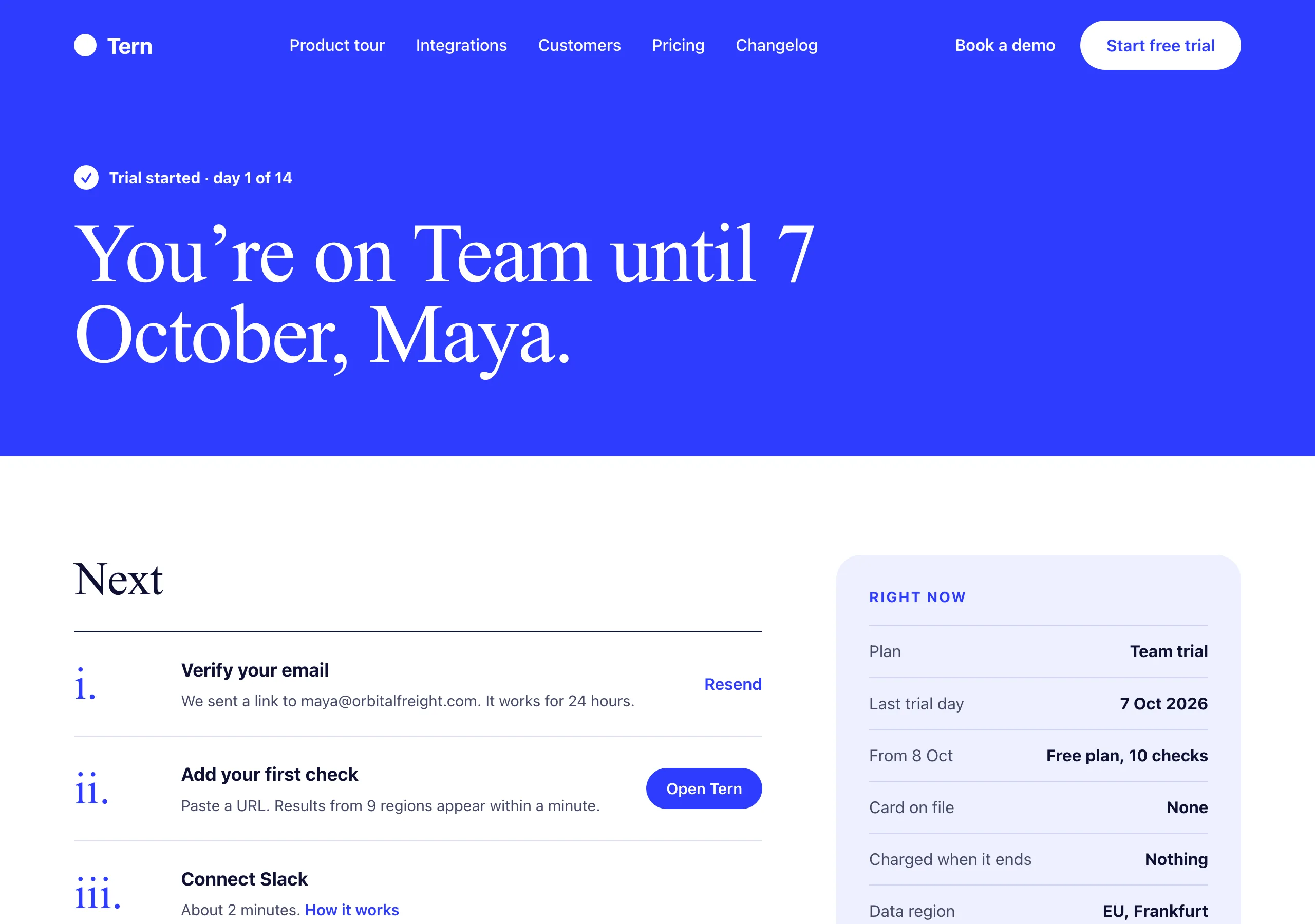 The Trial started page of Tern