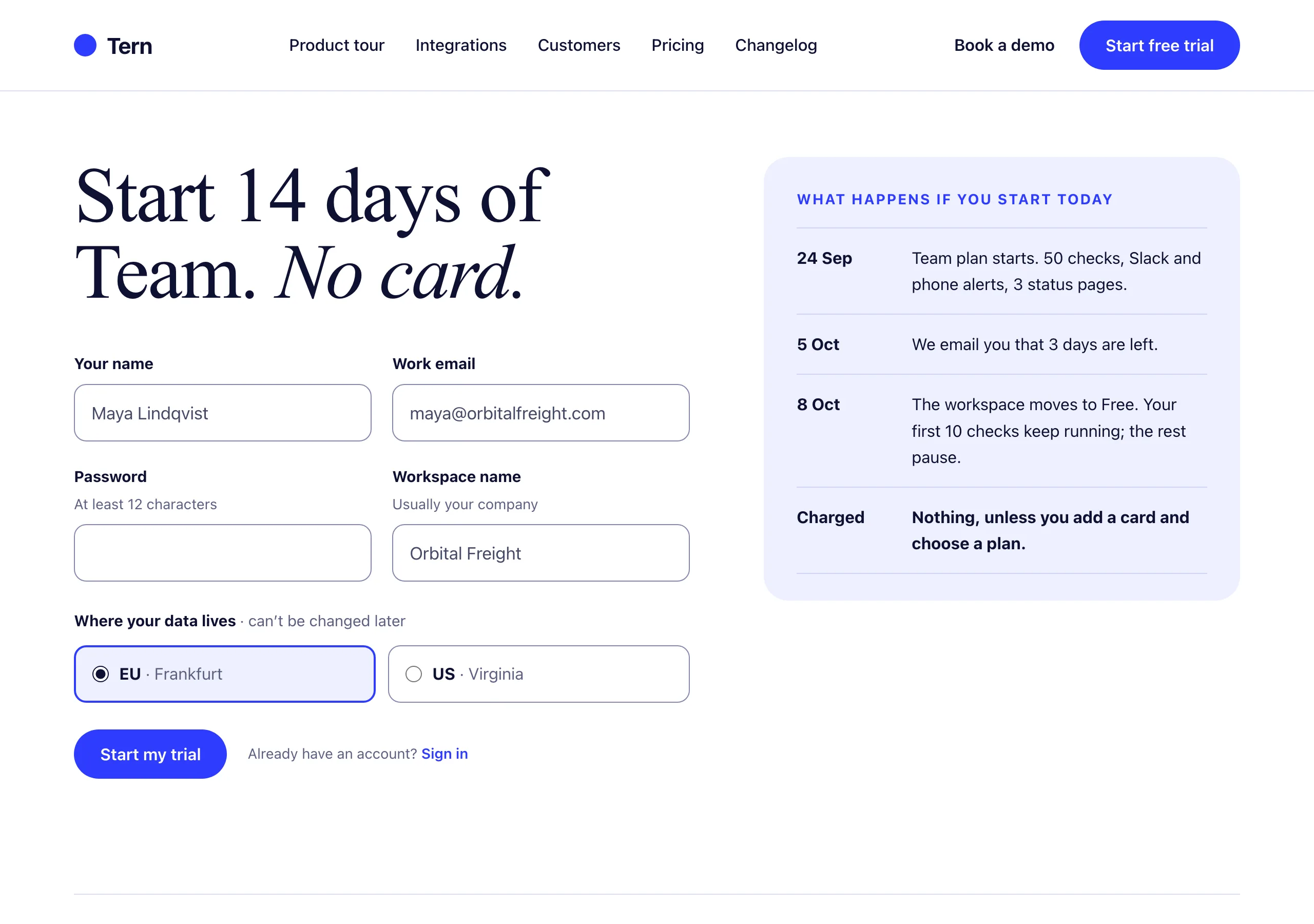 The Start a free trial page of Tern