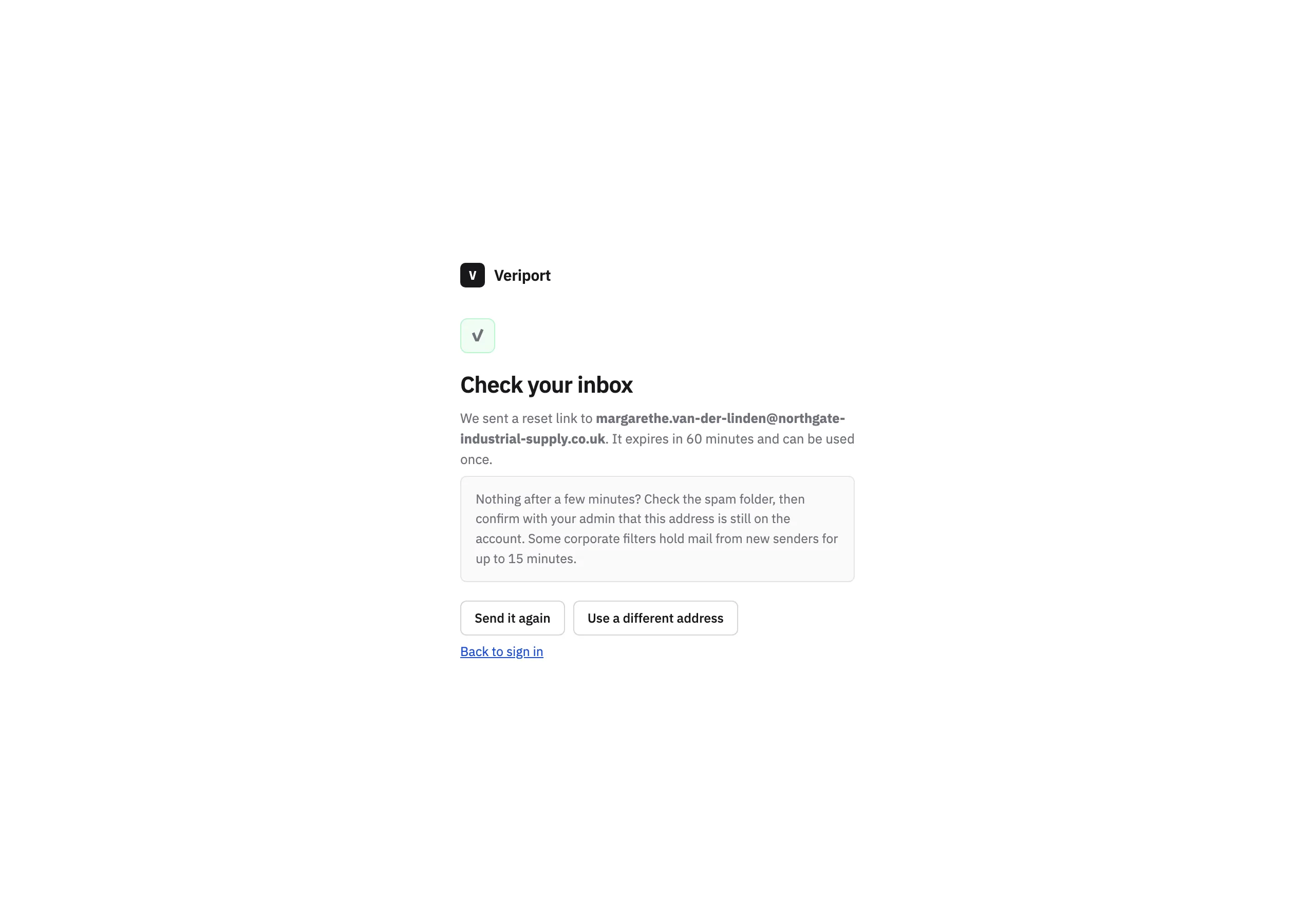 The Reset link sent page of Veriport