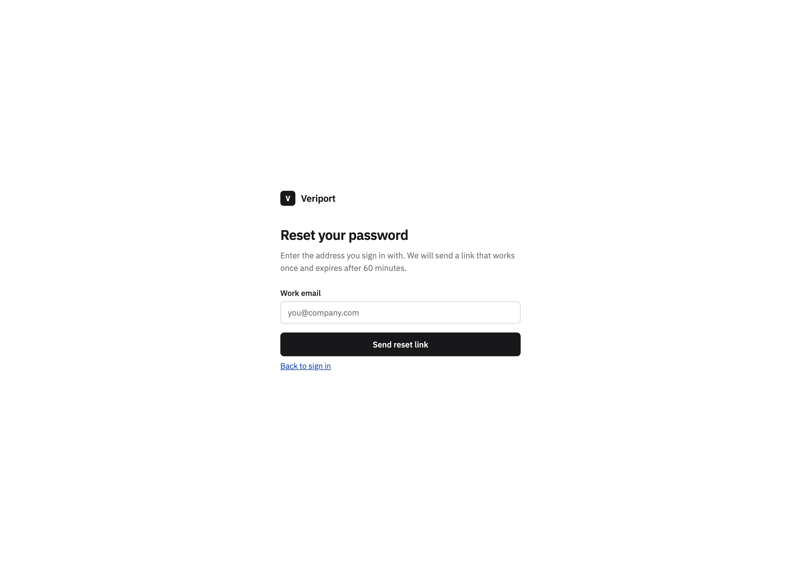 The Forgot password page of Veriport