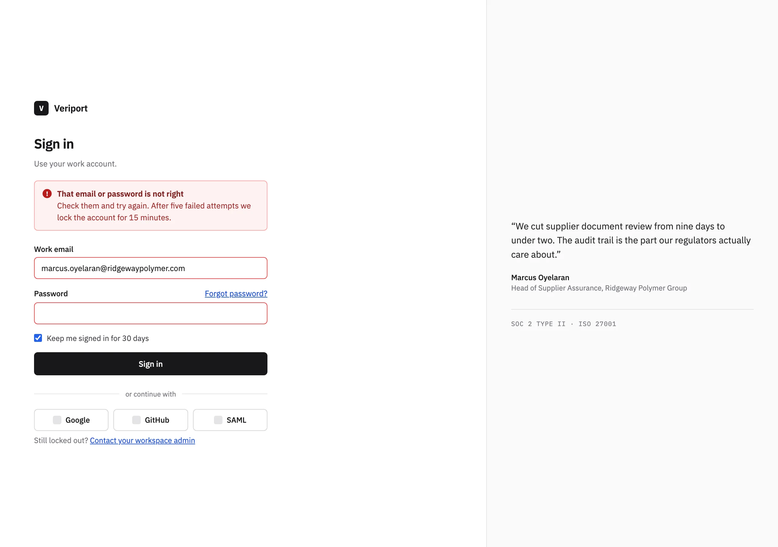 The Sign in rejected page of Veriport