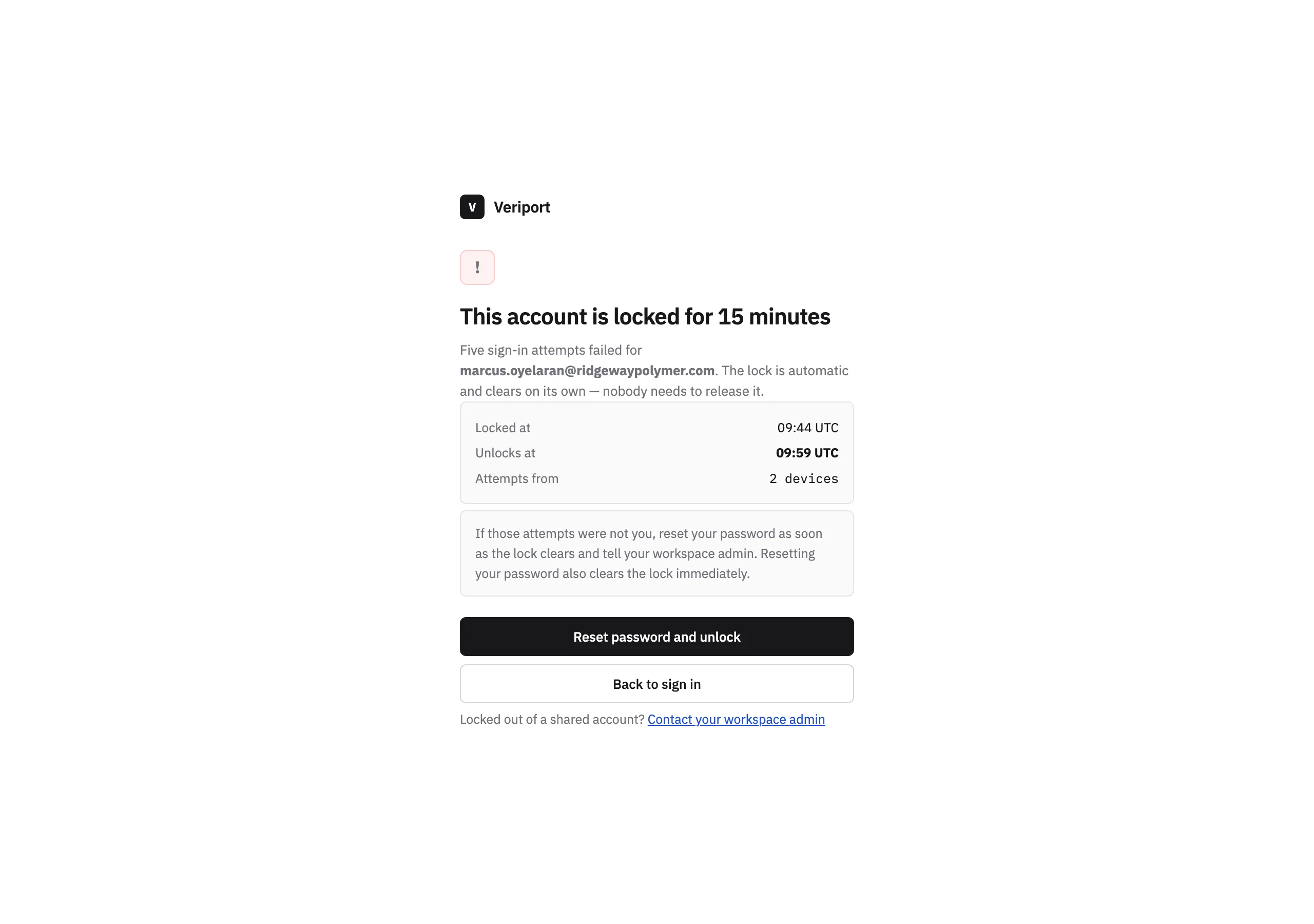 The Account locked page of Veriport