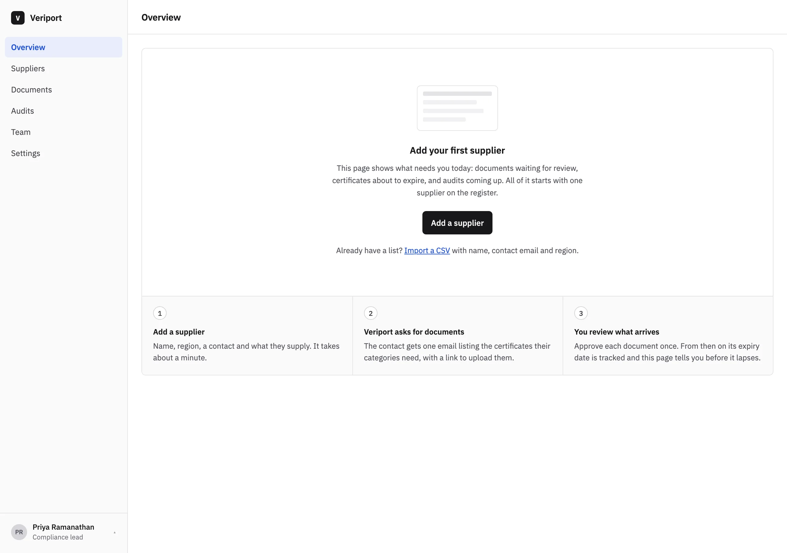The Overview, first run page of Veriport