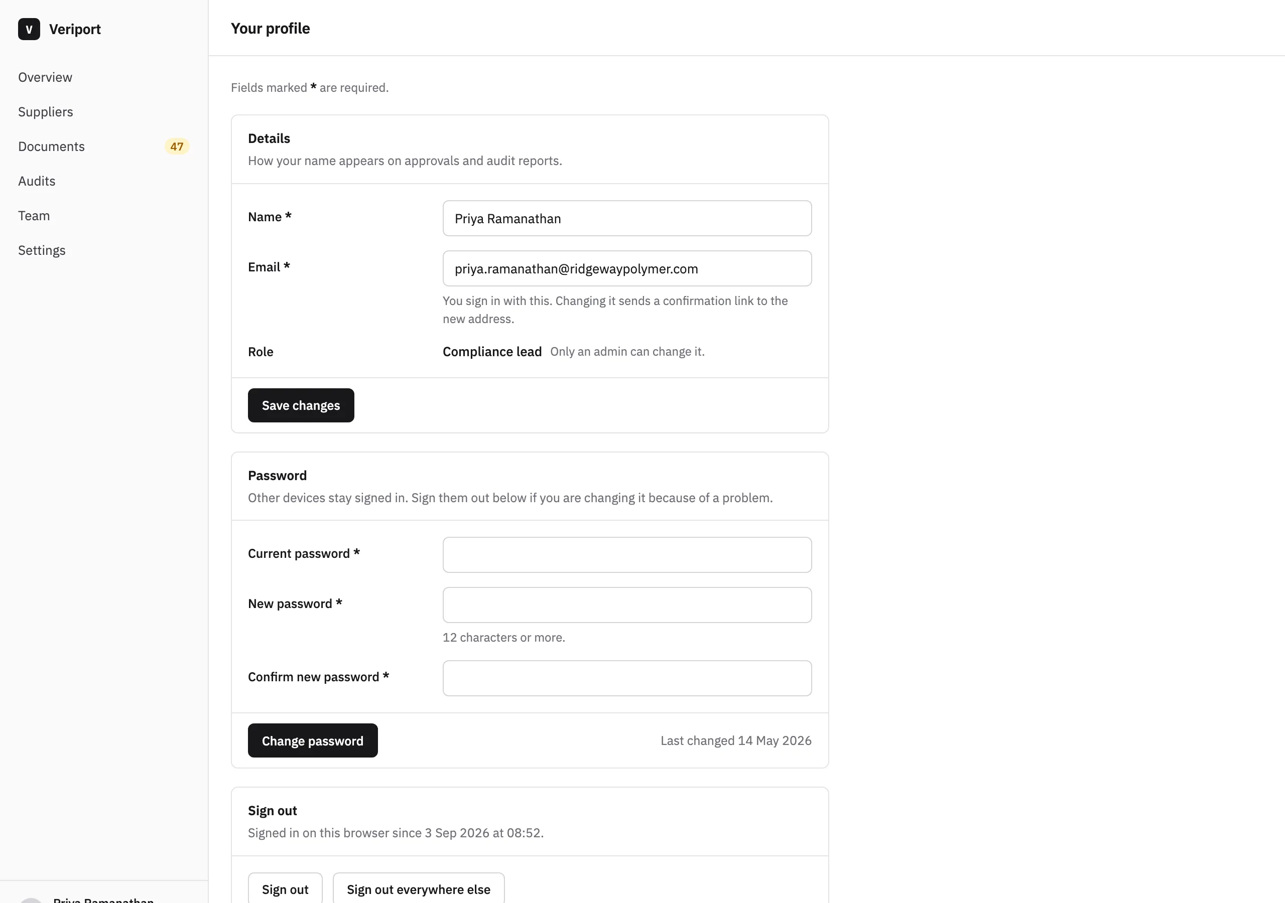 The Your profile page of Veriport