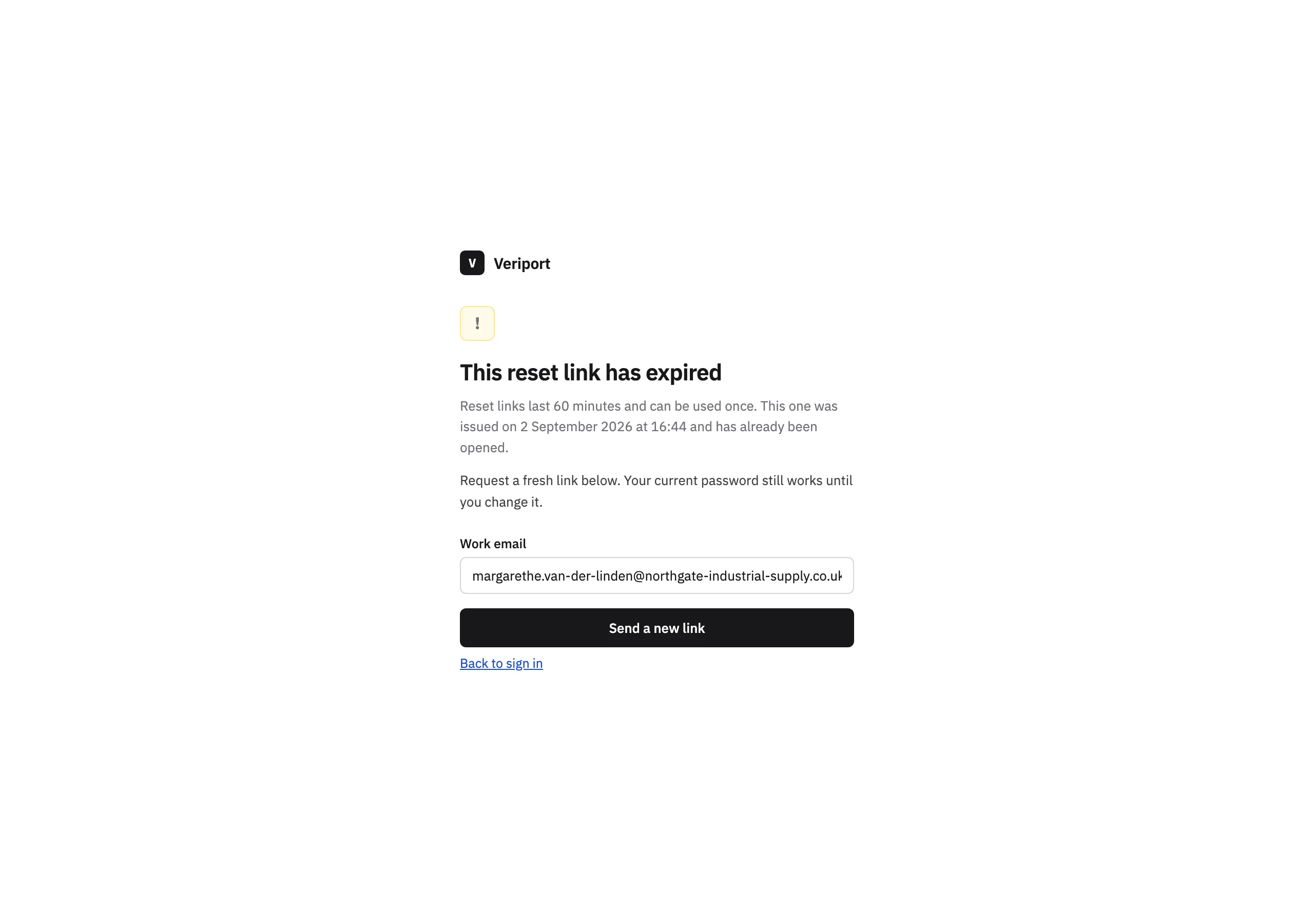 The Reset link expired page of Veriport