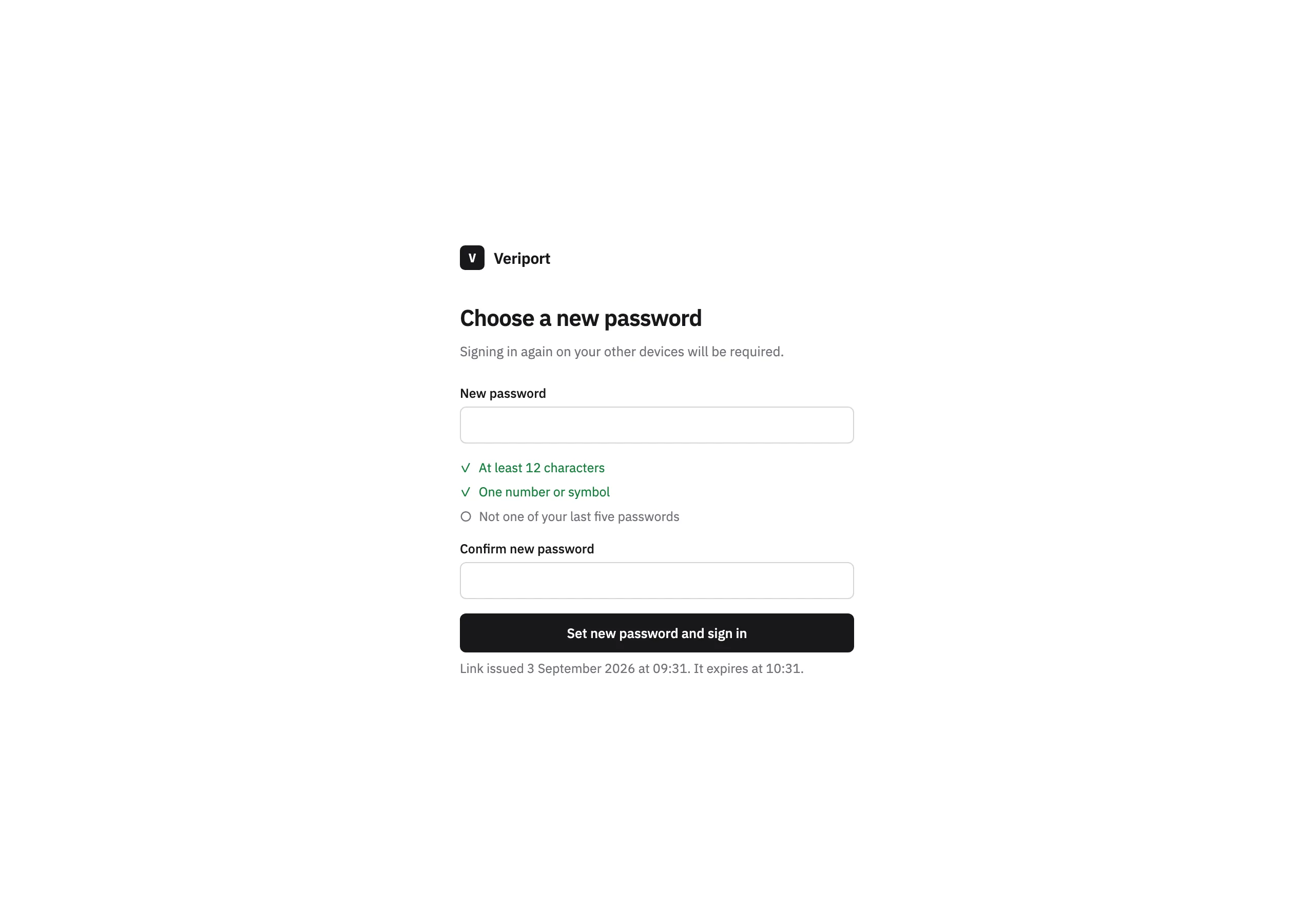 The Reset password page of Veriport