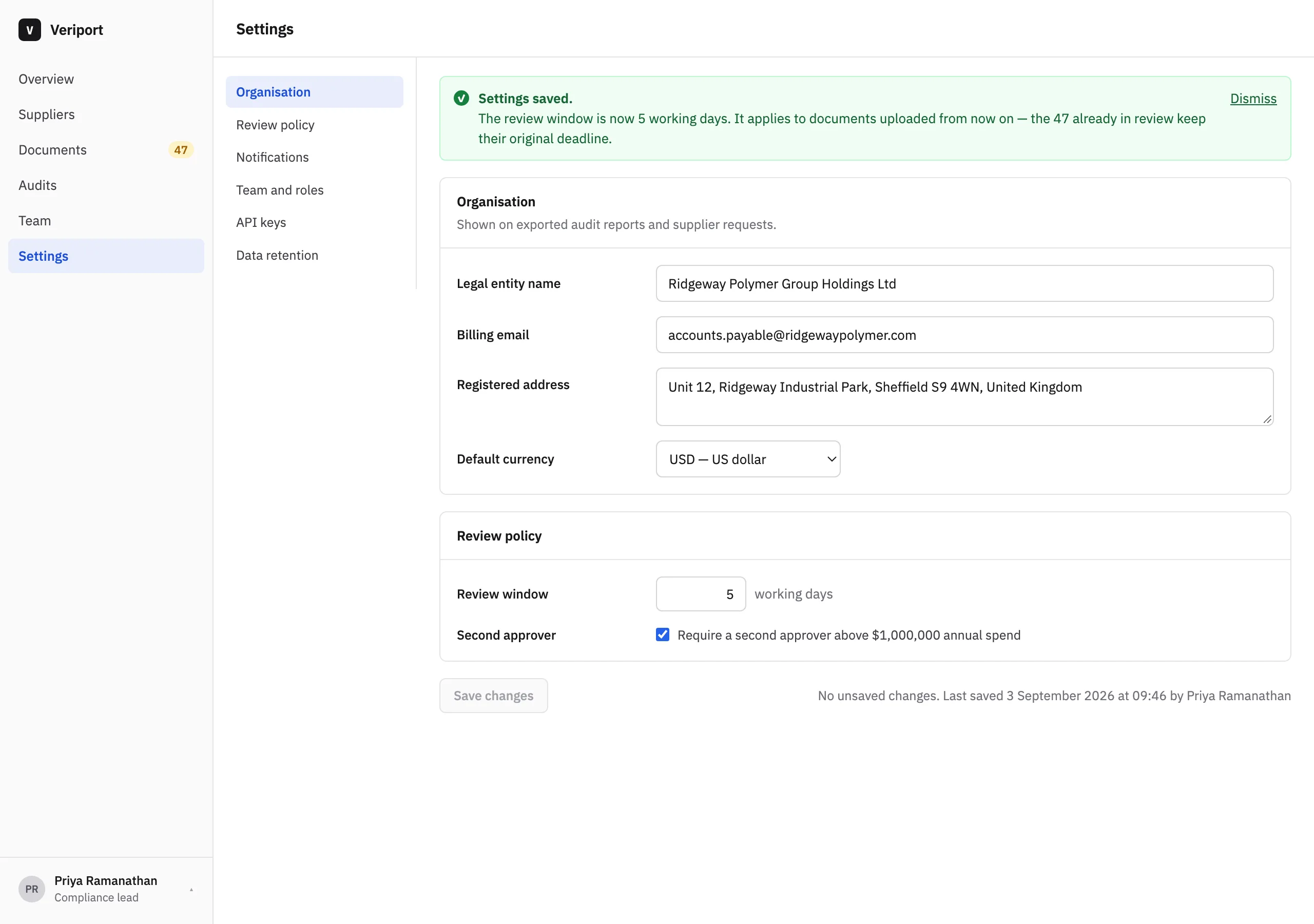 The Settings saved page of Veriport