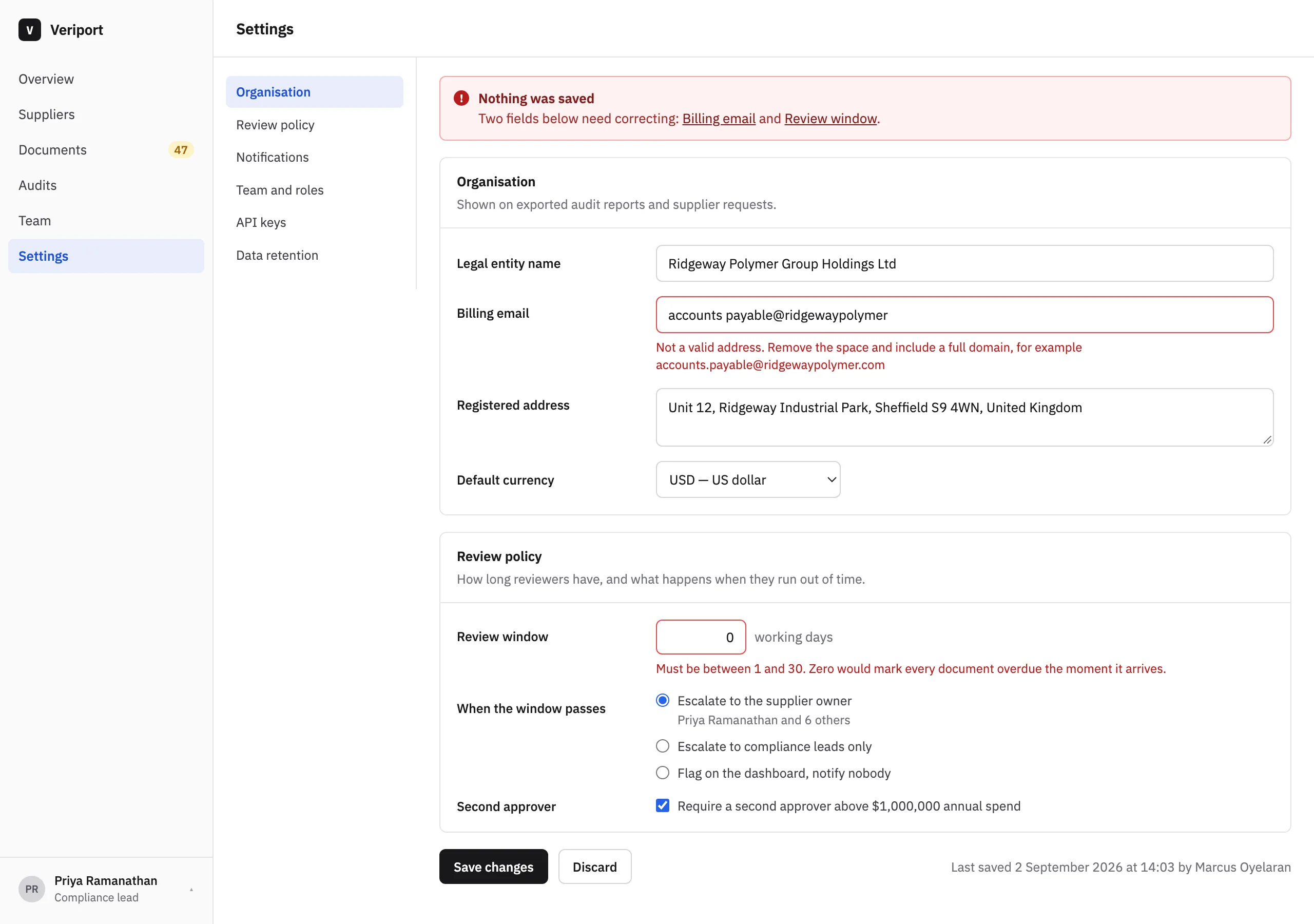 The Settings page of Veriport
