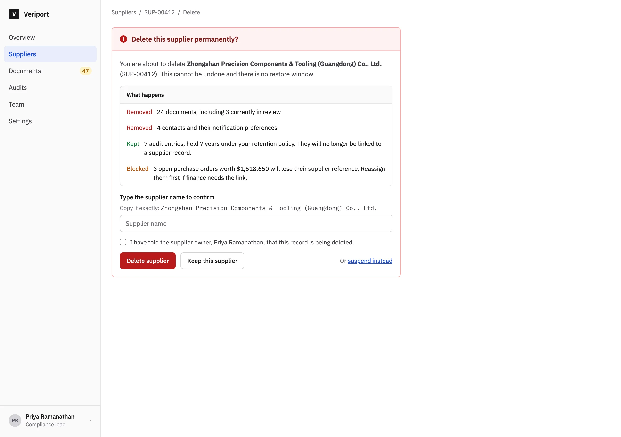The Delete confirmation page of Veriport