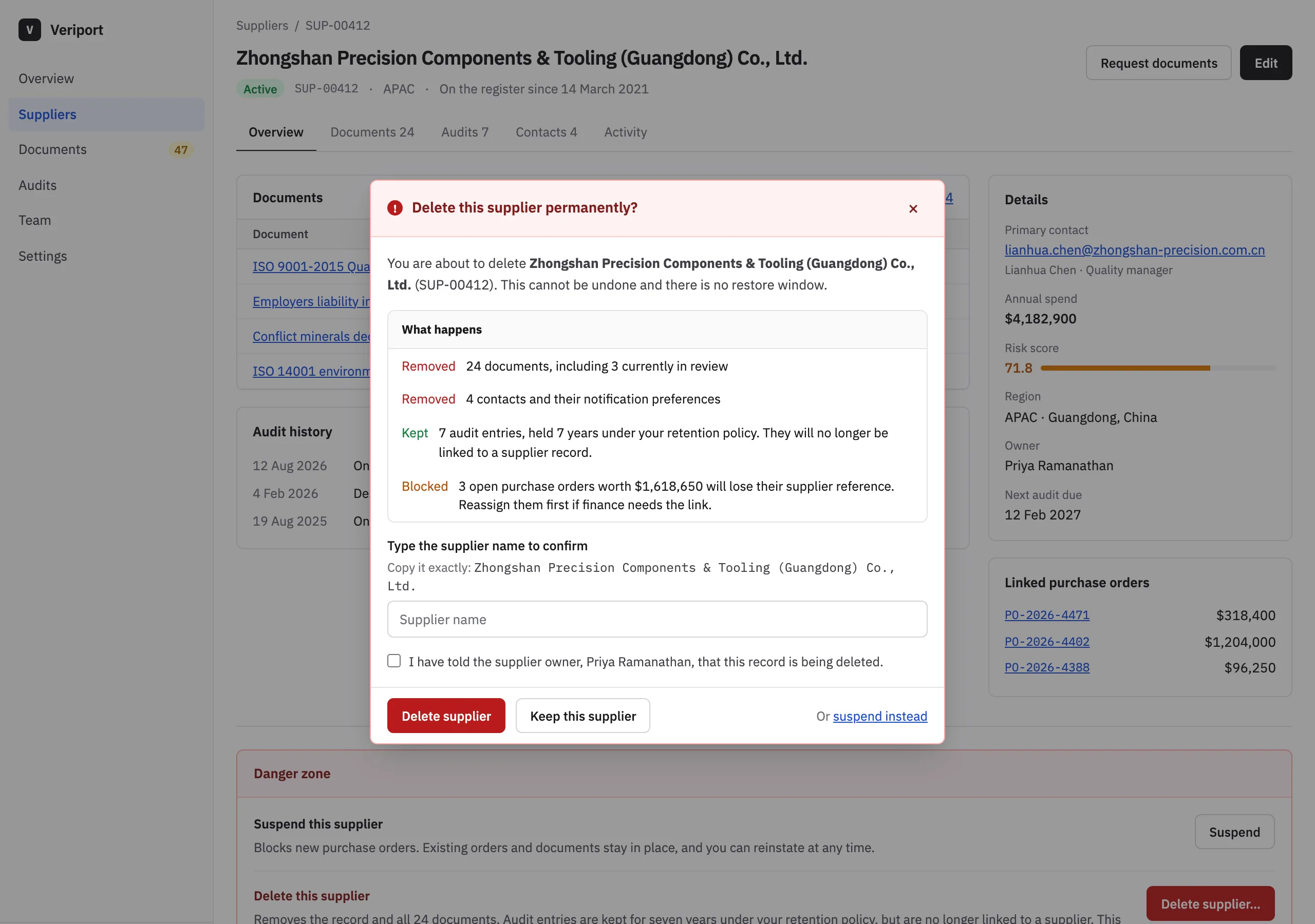 The Delete, as a dialog page of Veriport