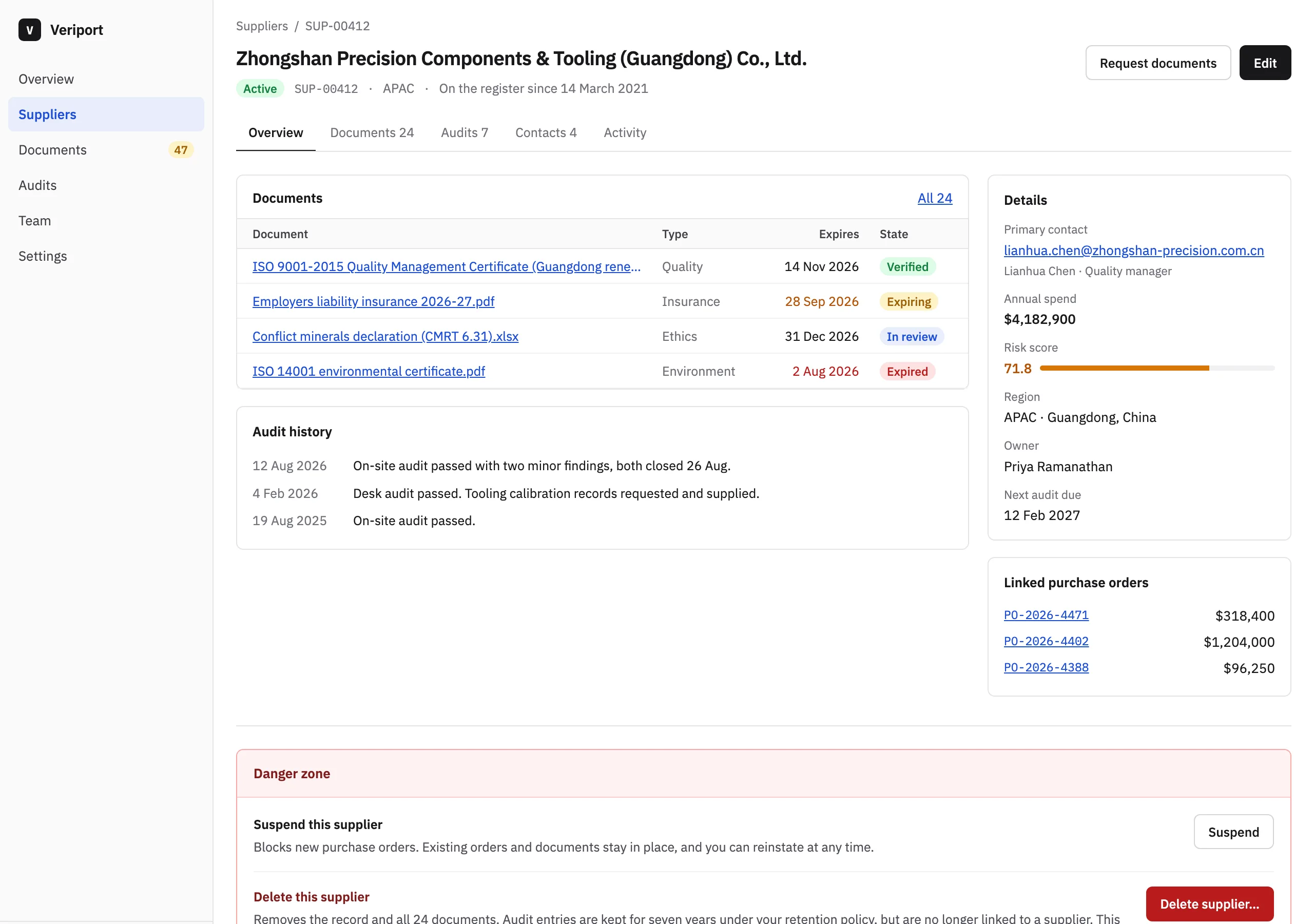 The Supplier detail page of Veriport