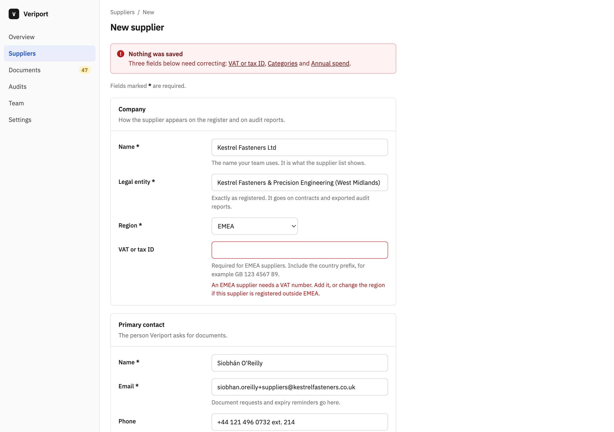 The New supplier, rejected page of Veriport