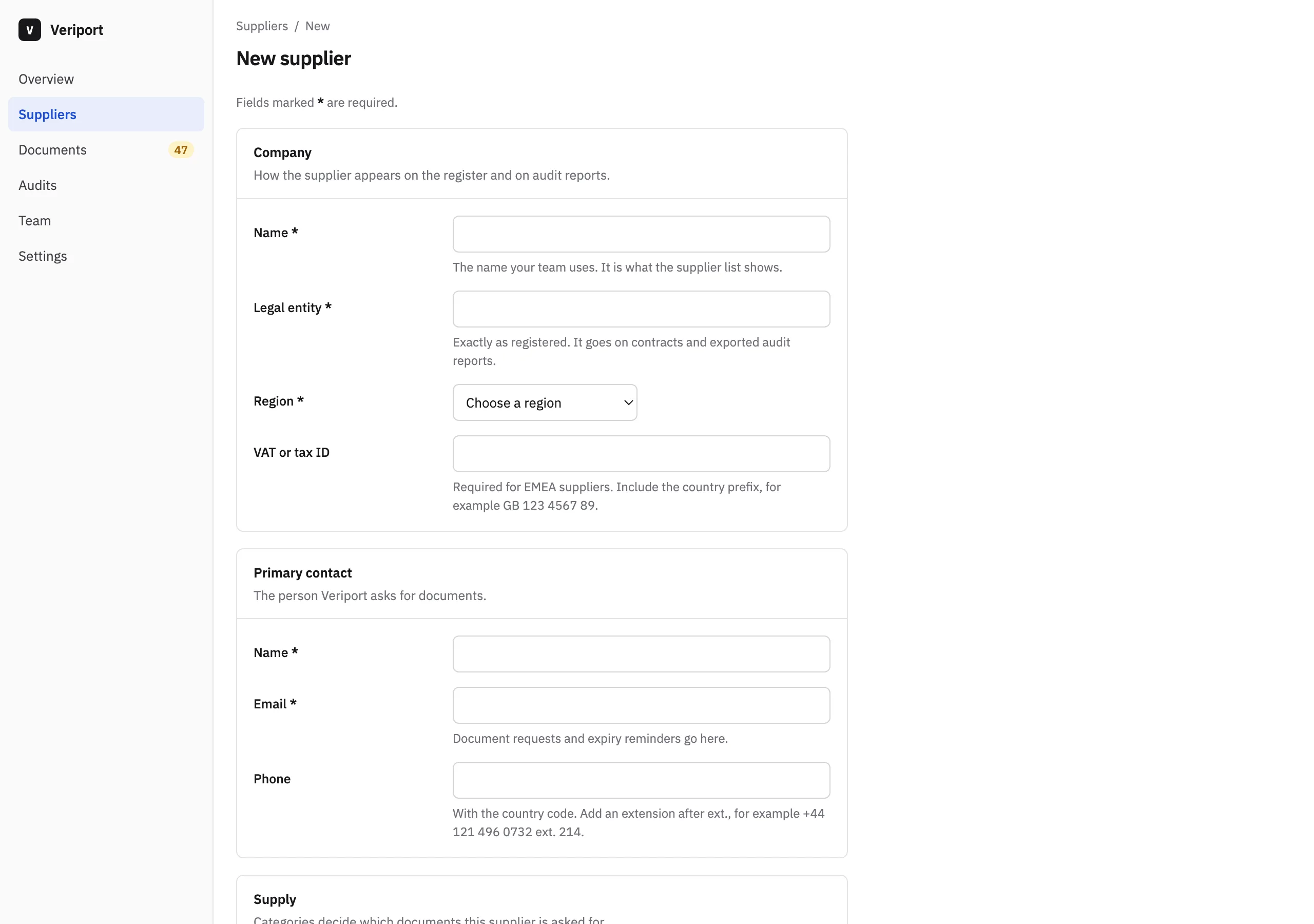 The New supplier page of Veriport