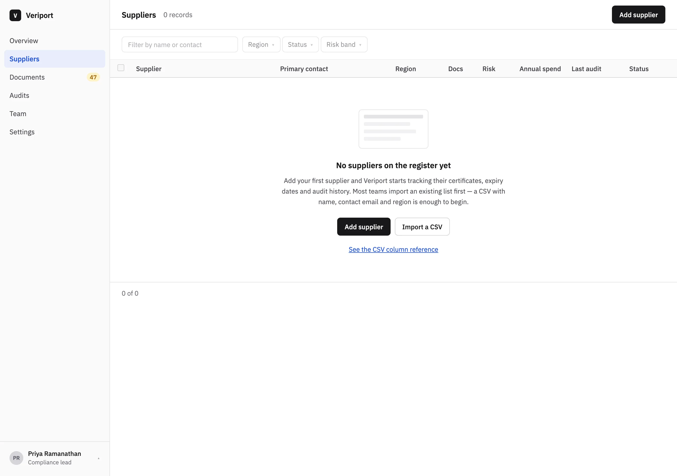The Suppliers, empty page of Veriport