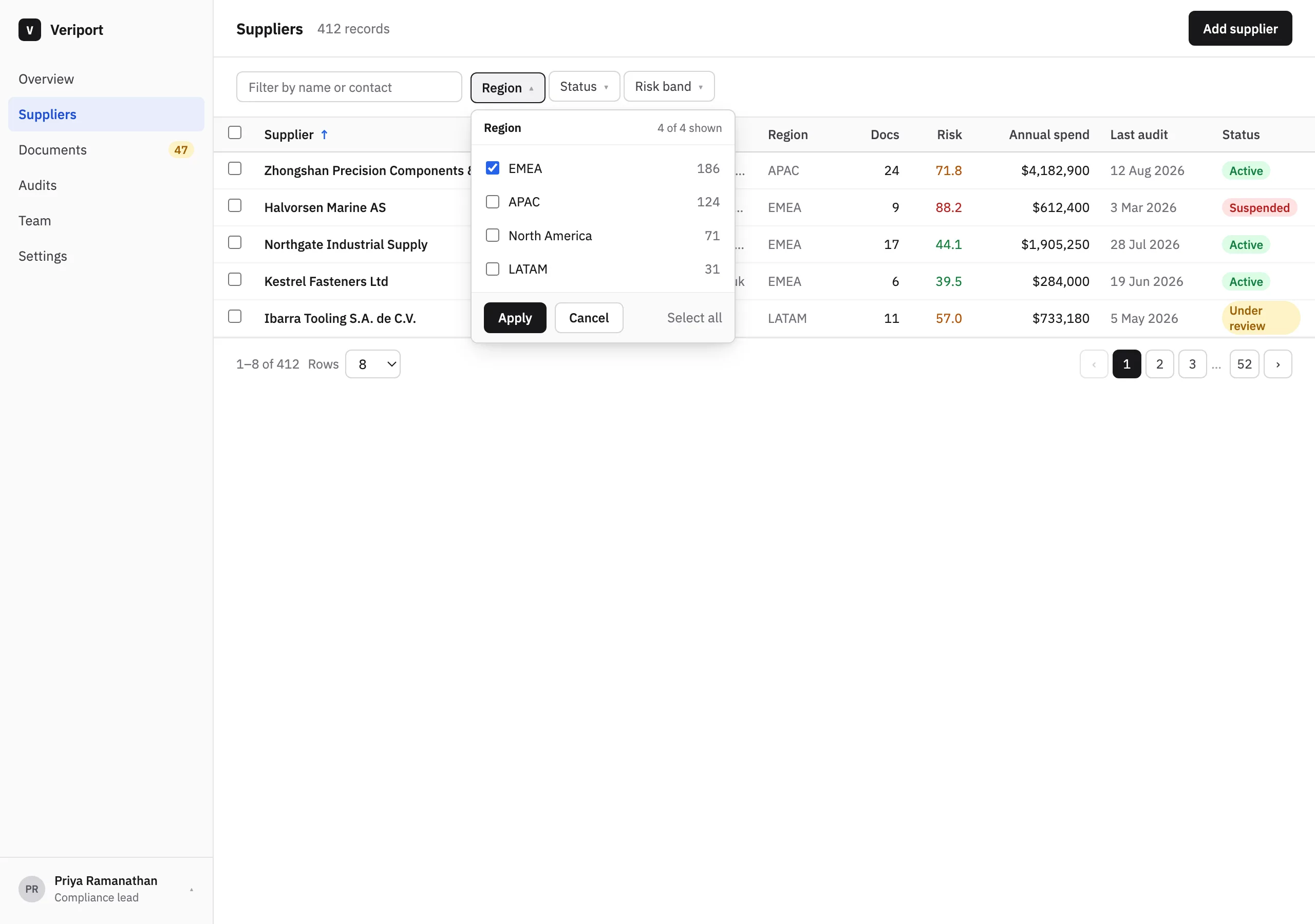 The Region filter open page of Veriport
