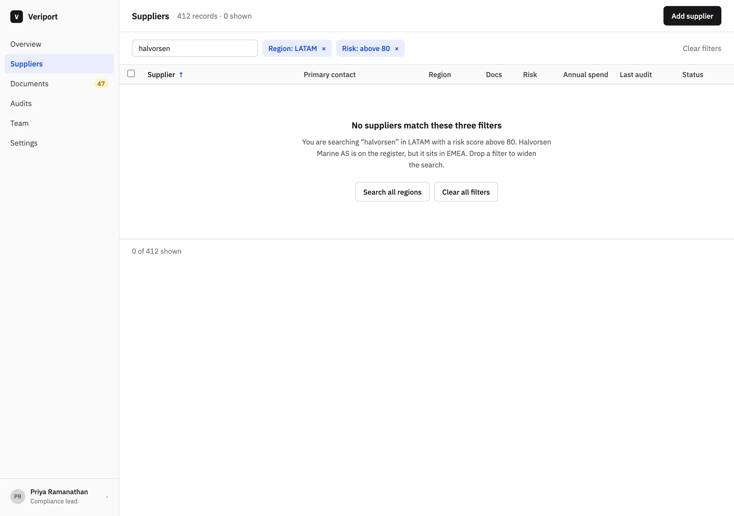 The Suppliers, no results page of Veriport