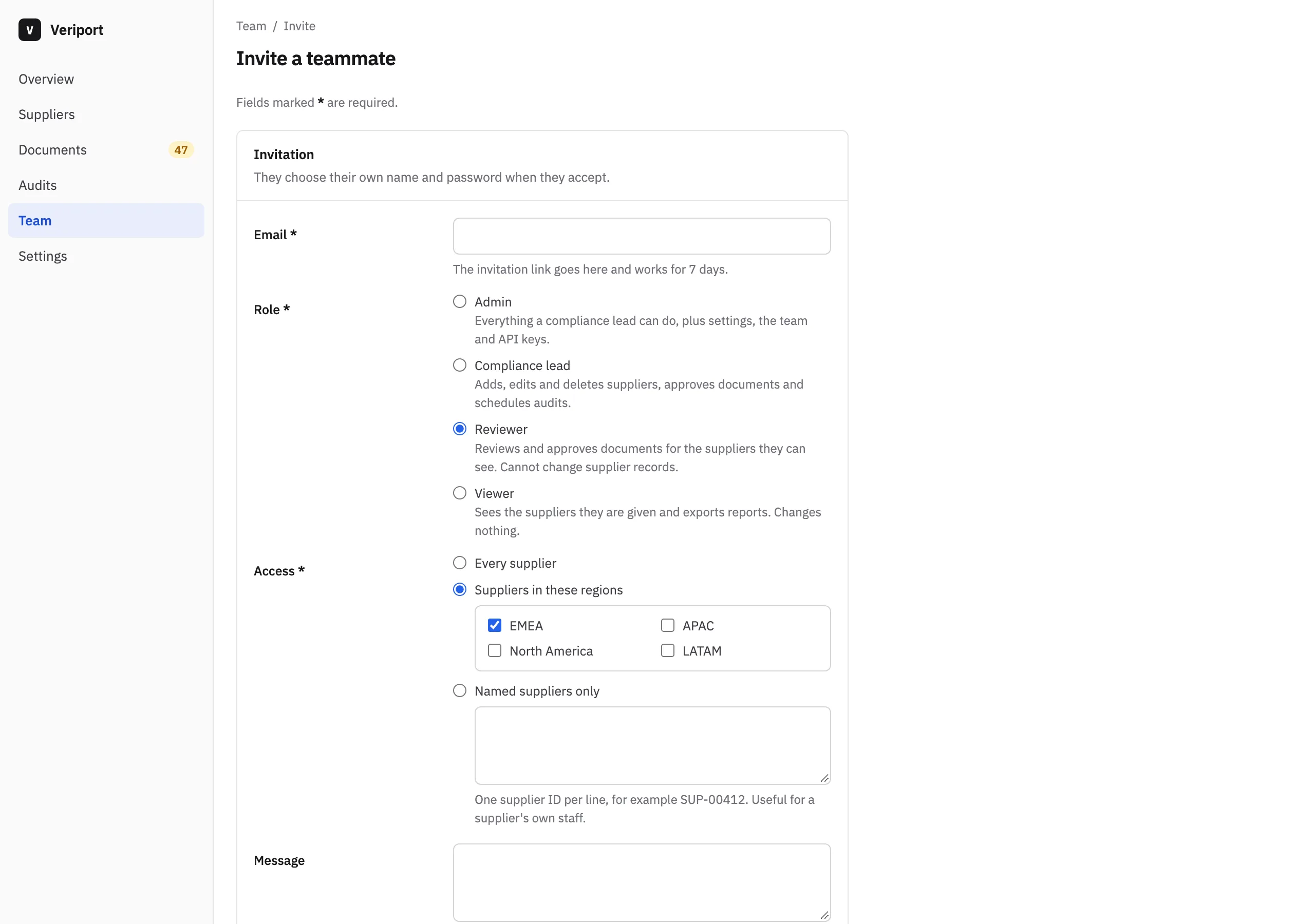 The Invite a teammate page of Veriport
