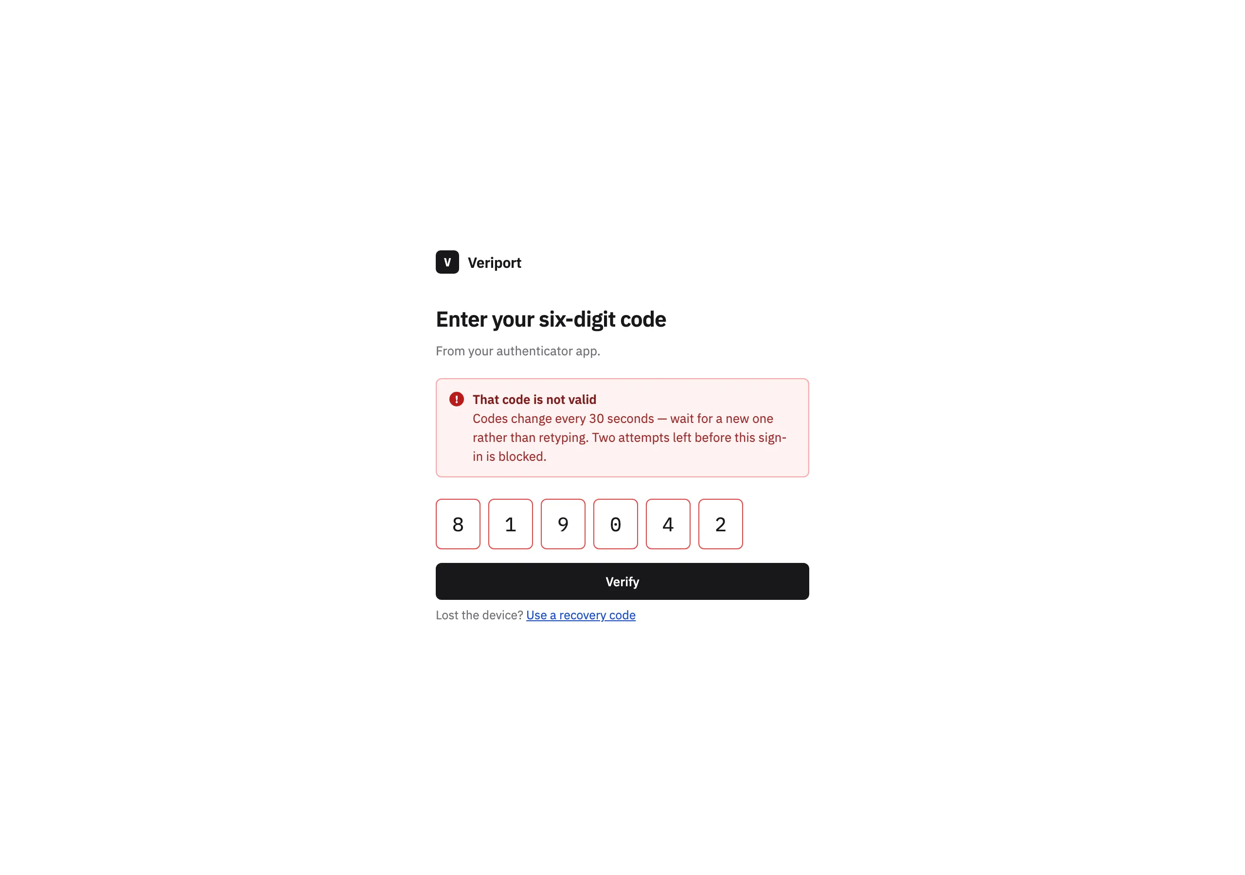 The Two-factor rejected page of Veriport