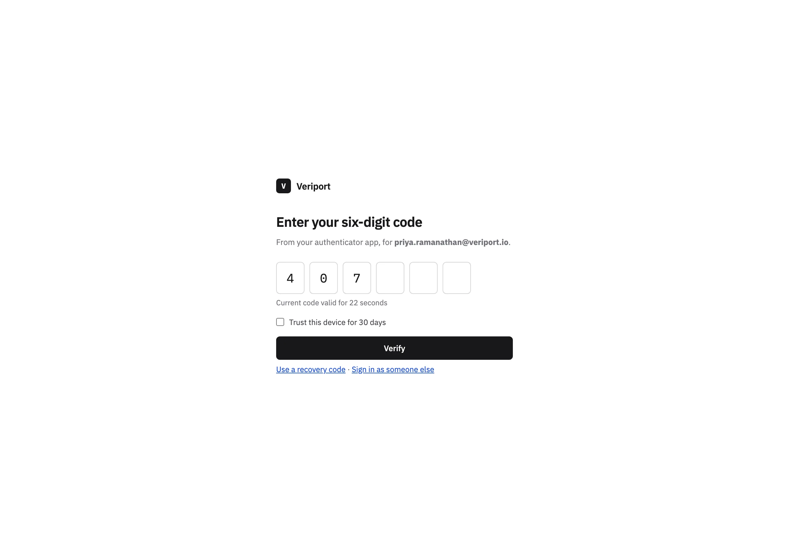 The Two-factor page of Veriport